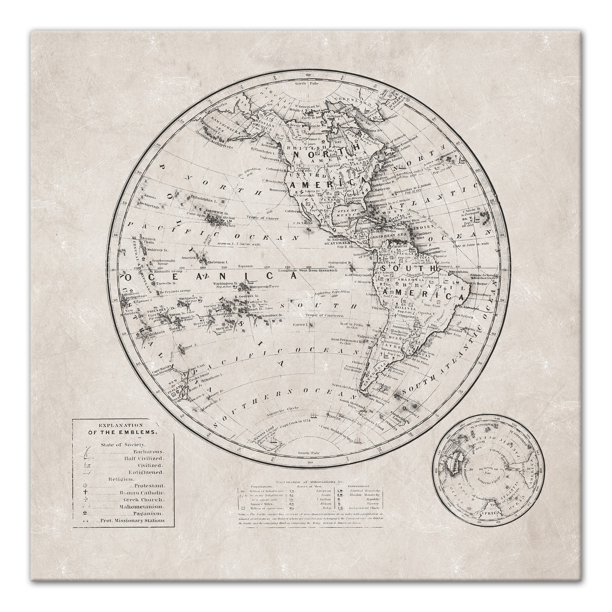 Round World Map Distressed 24x24 Canvas Wall Art