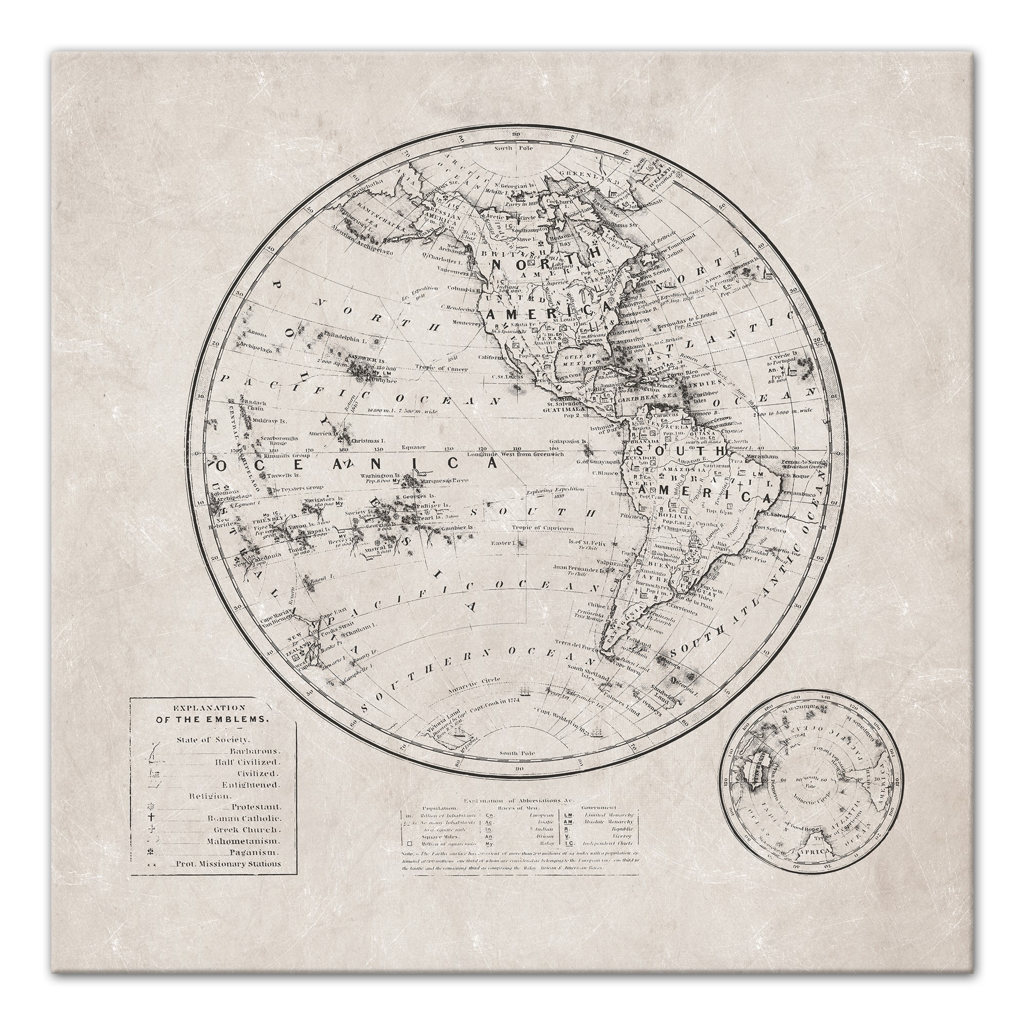 Round World Map Distressed 30x30 Canvas Wall Art