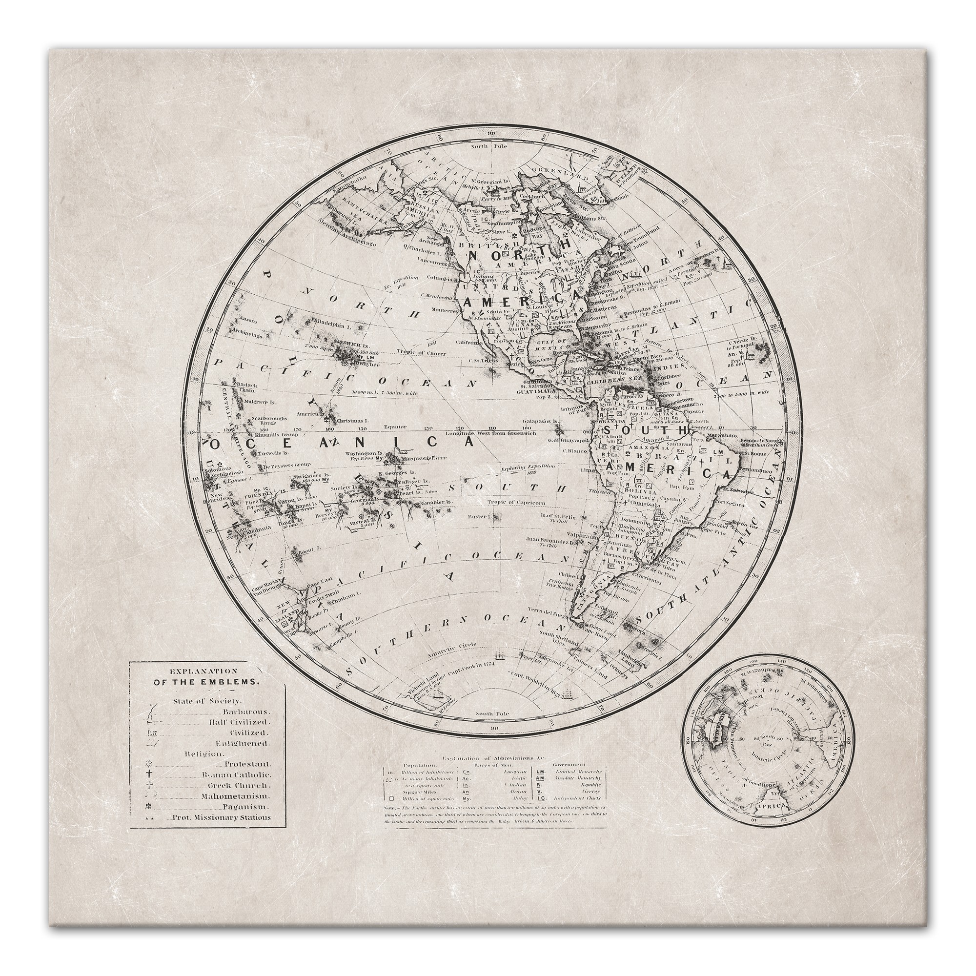 Round World Map Distressed 36x36 Canvas Wall Art