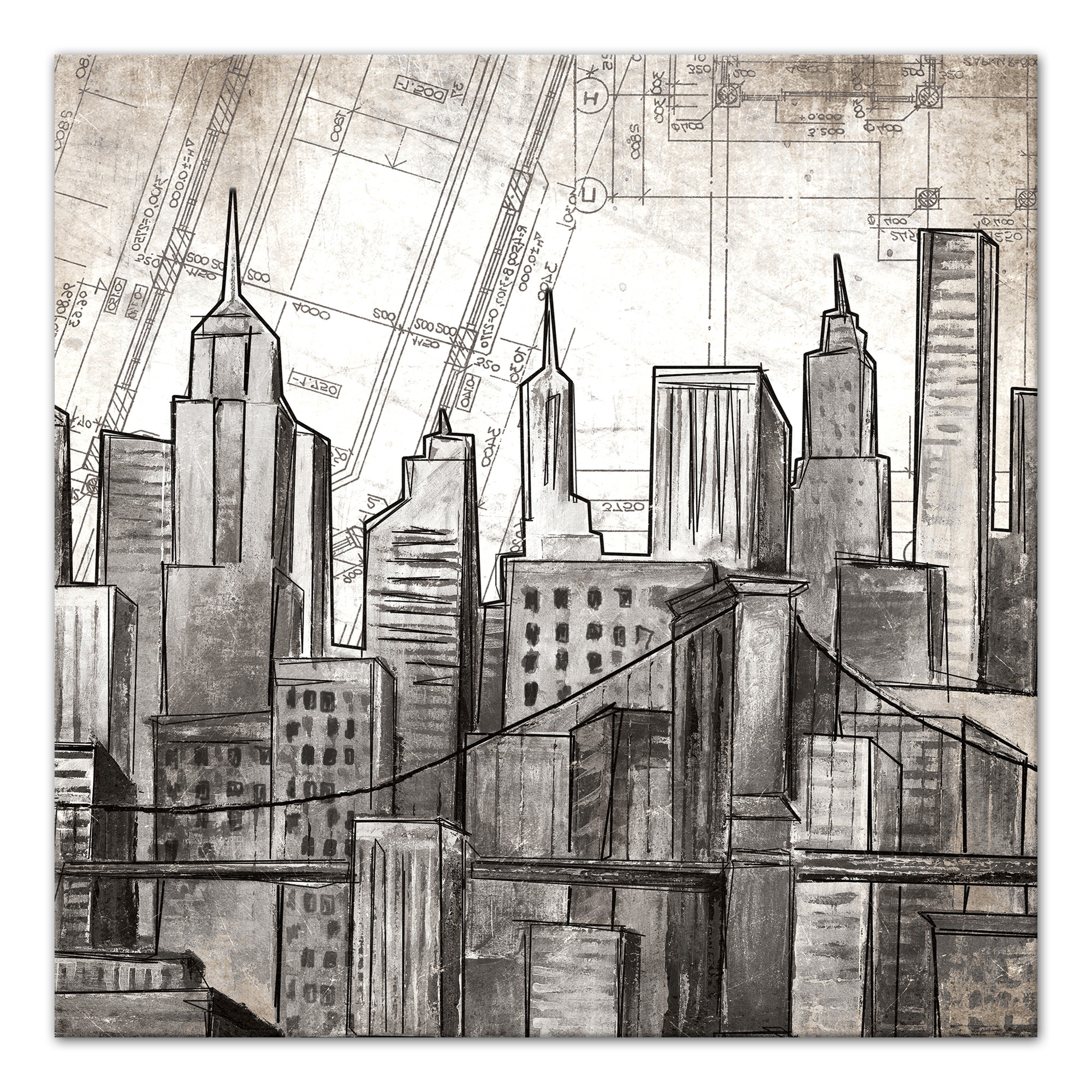 Sketch City Skyline 24x24 Canvas Wall Art