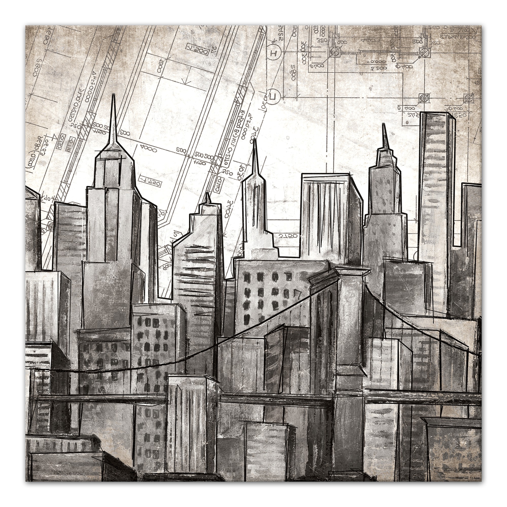 Sketch City Skyline 36x36 Canvas Wall Art