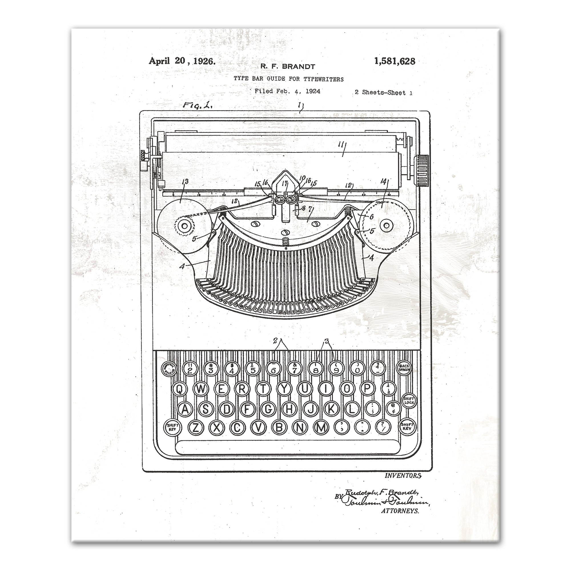 Typewriter Patent on Distressed White 20x24 Canvas Wall Art