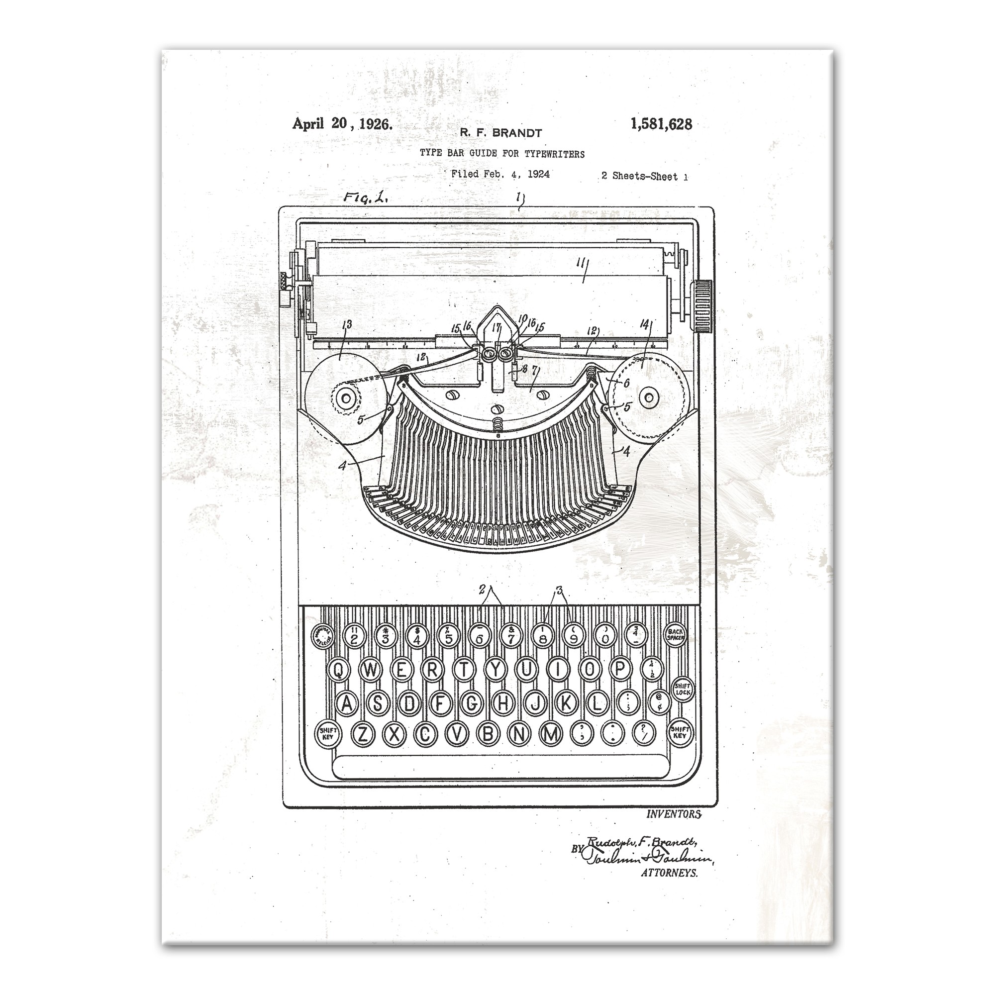Typewriter Patent on Distressed White 30x40 Canvas Wall Art