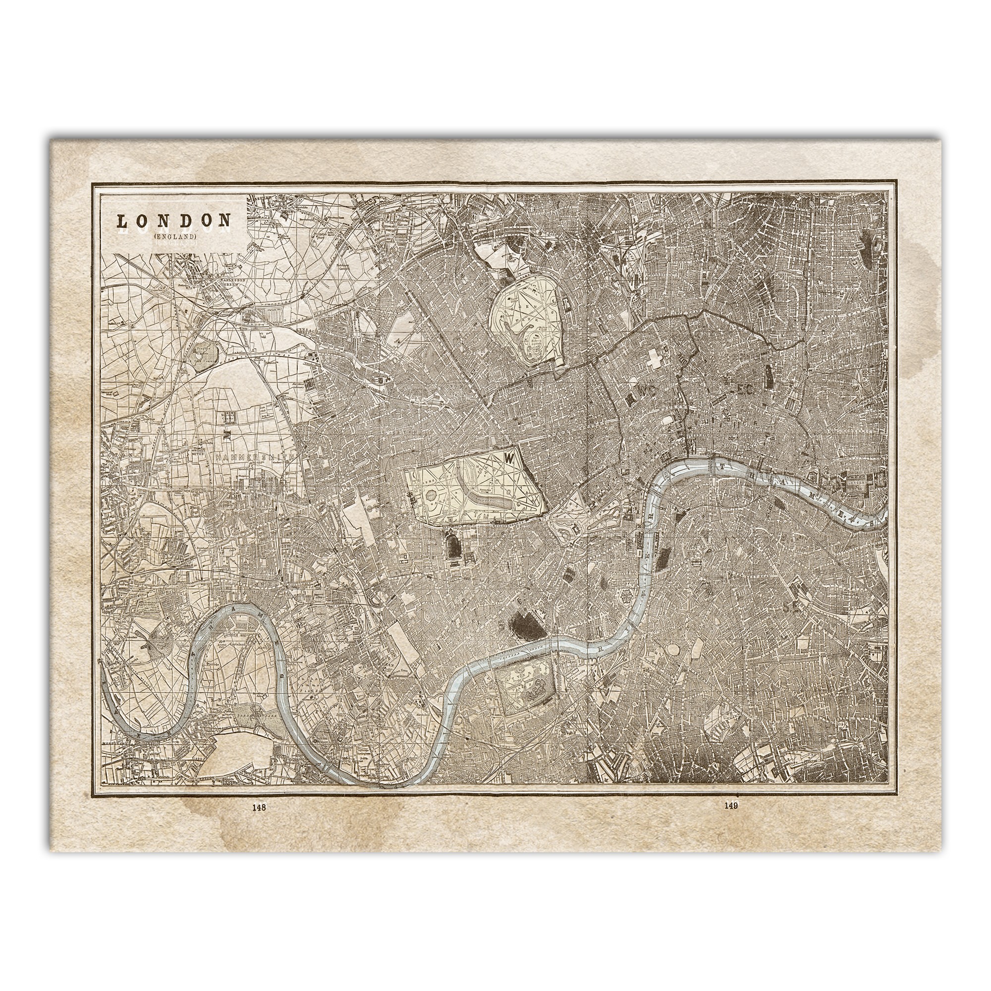 Vintage Map of London on Water Stained Canvas 24x30 Canvas Wall Art