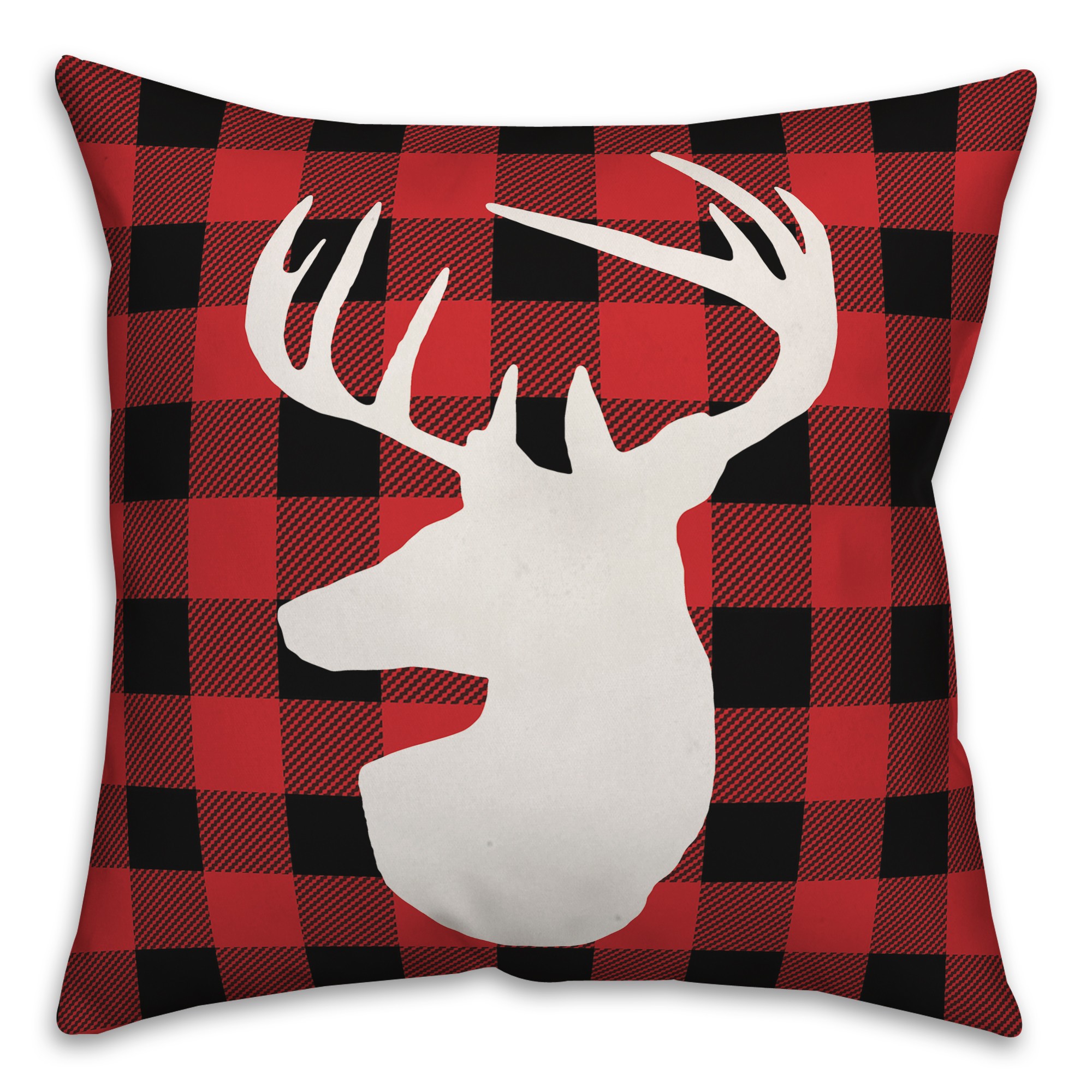 Deer Head on Red Black Buffalo Plaid 18x18 Spun Poly Pillow