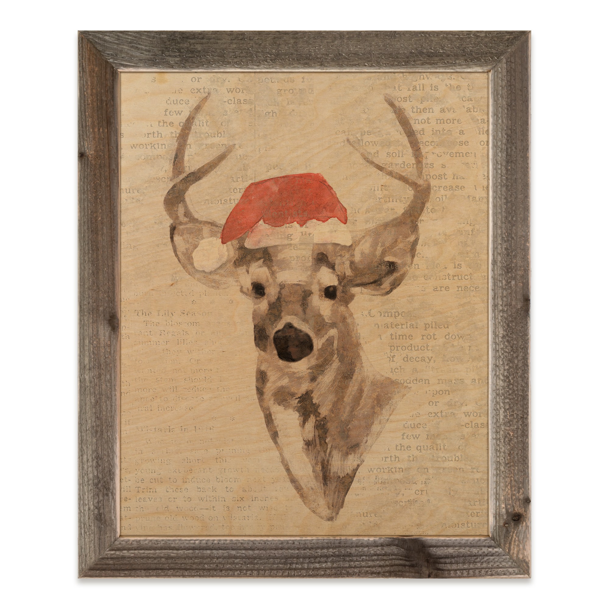 Gray Deer with a Santa Hat 20x16 Framed Pallet Wood Art