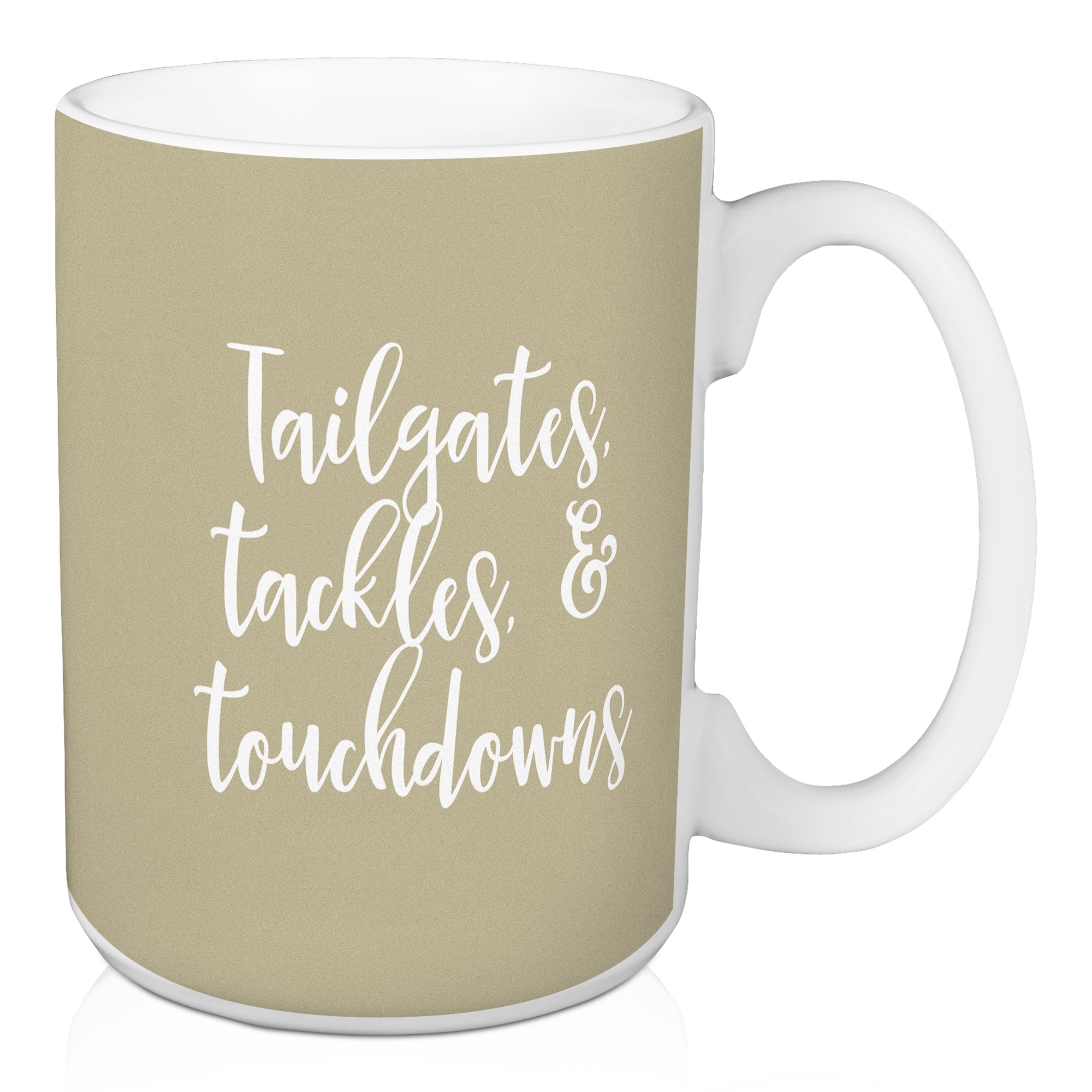 Tailgates, Tackles, & Touchdowns in Beige 15 oz Mug