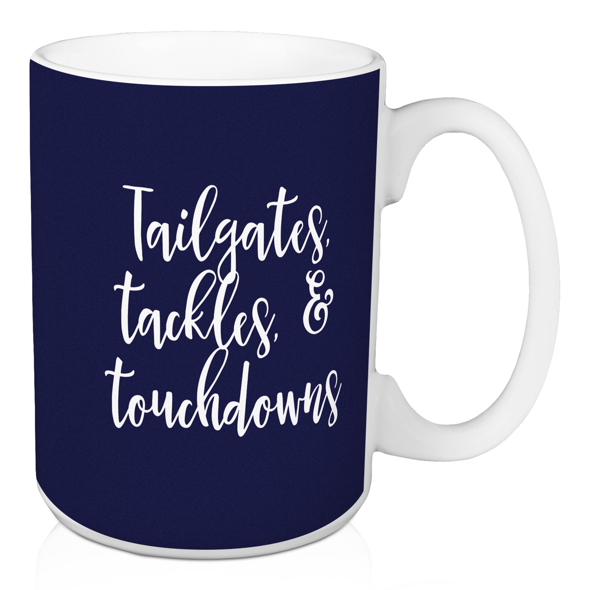 Tailgates, Tackles, & Touchdowns in Navy 15 oz Mug