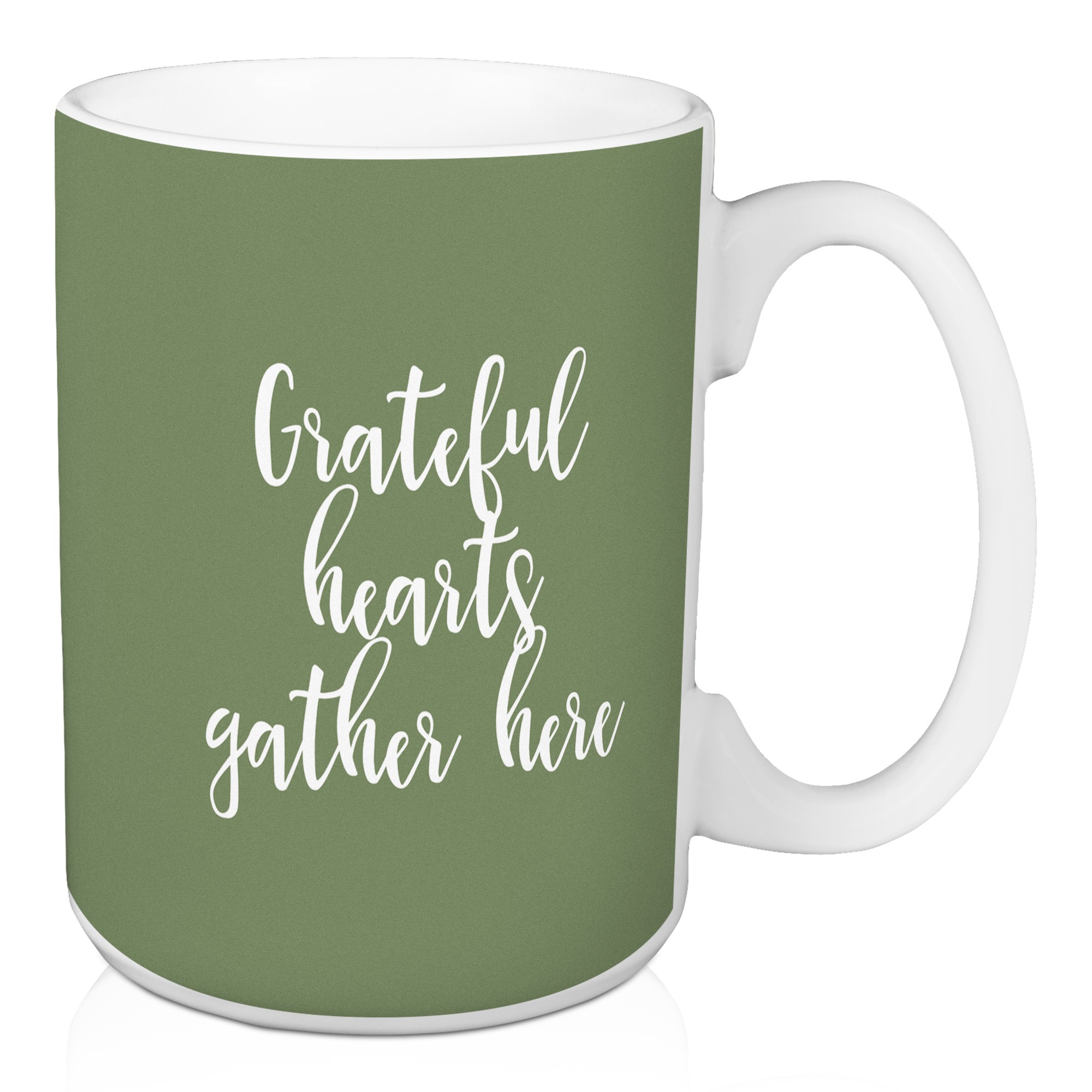 Grateful Hearts Gather Here in Green 15 oz Mug