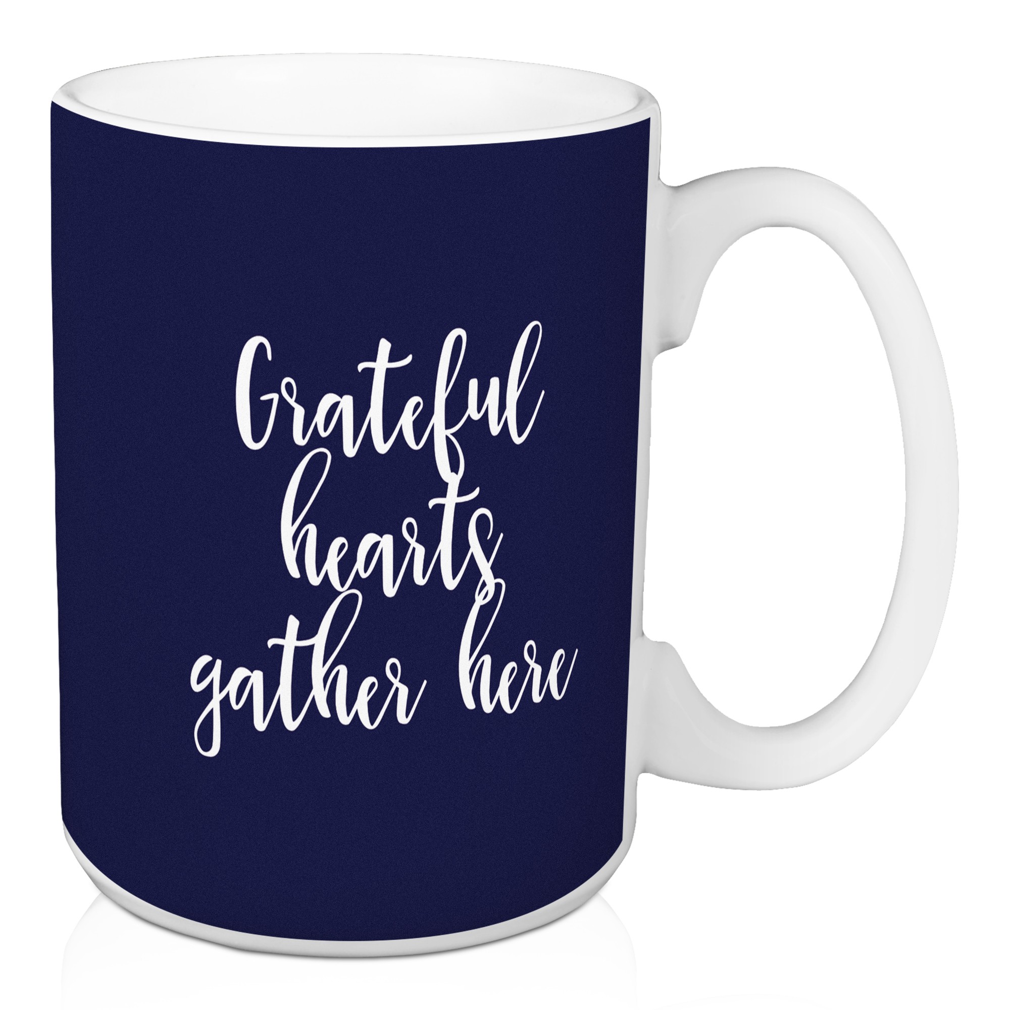 Grateful Hearts Gather Here in Navy 15 oz Mug