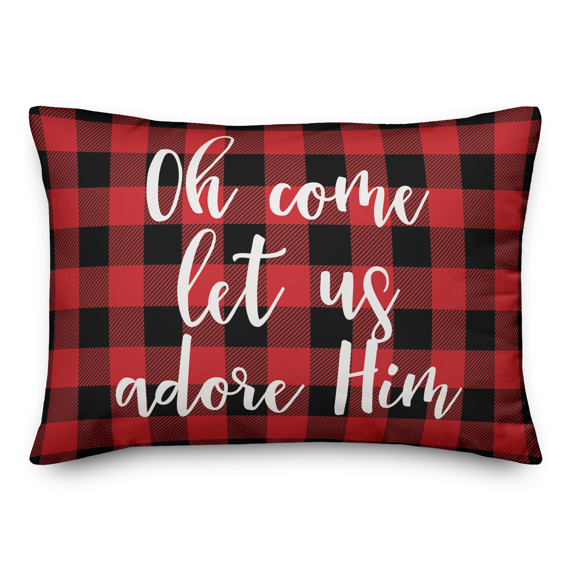 Oh Come Let Us Adore Him in Buffalo Check Plaid 14x20 Spun Poly Pillow