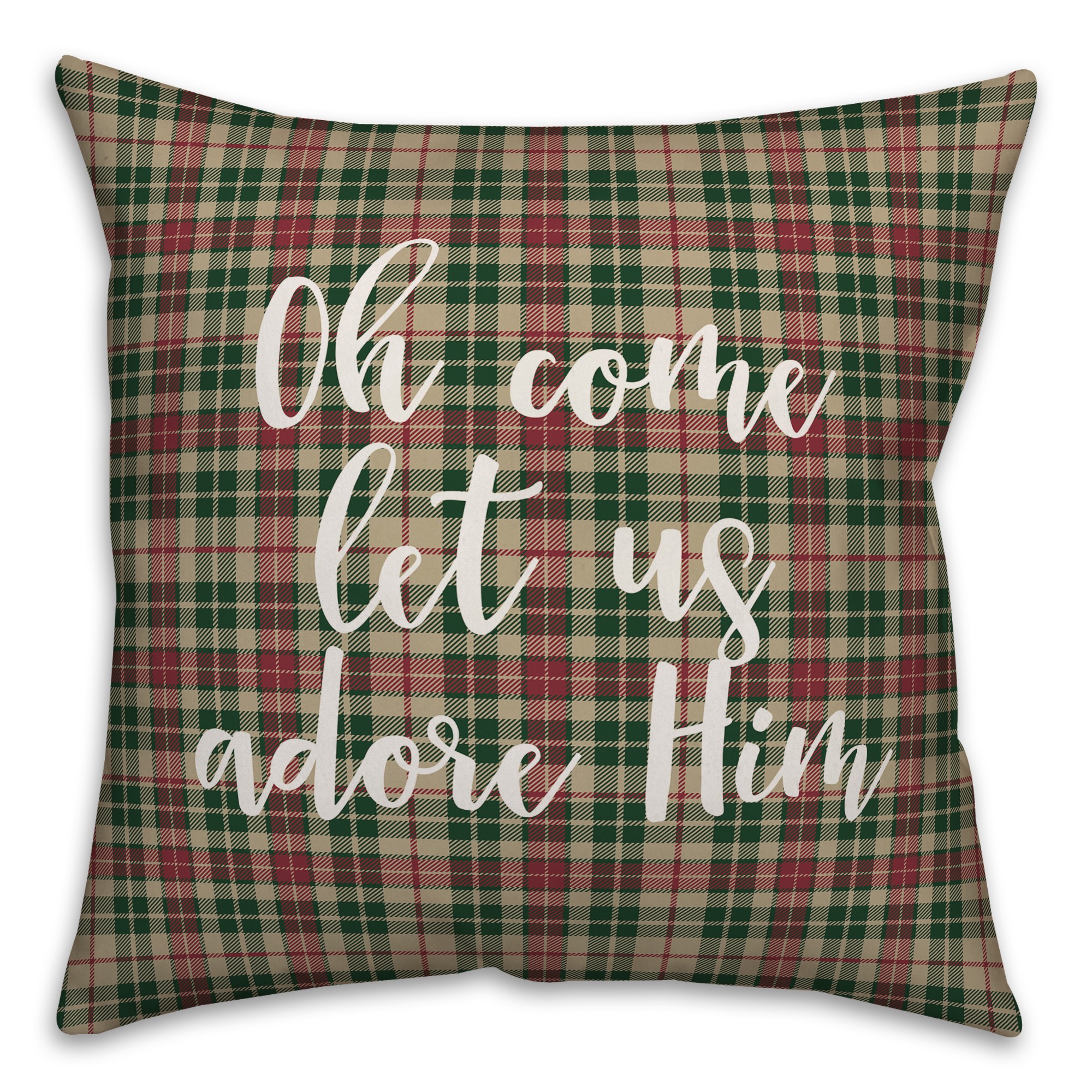 Oh Come Let Us Adore Him in Tartan Plaid 18x18 Spun Poly Pillow