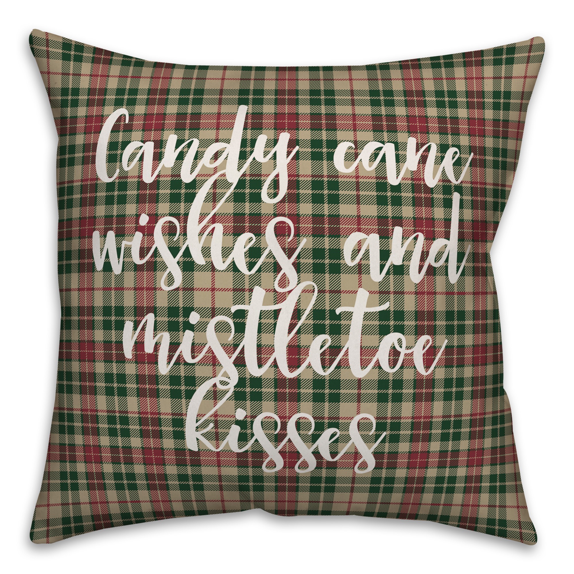 Candy Cane Kisses And Mistletoe Kisses in Tartan Plaid 18x18 Spun Poly Pillow