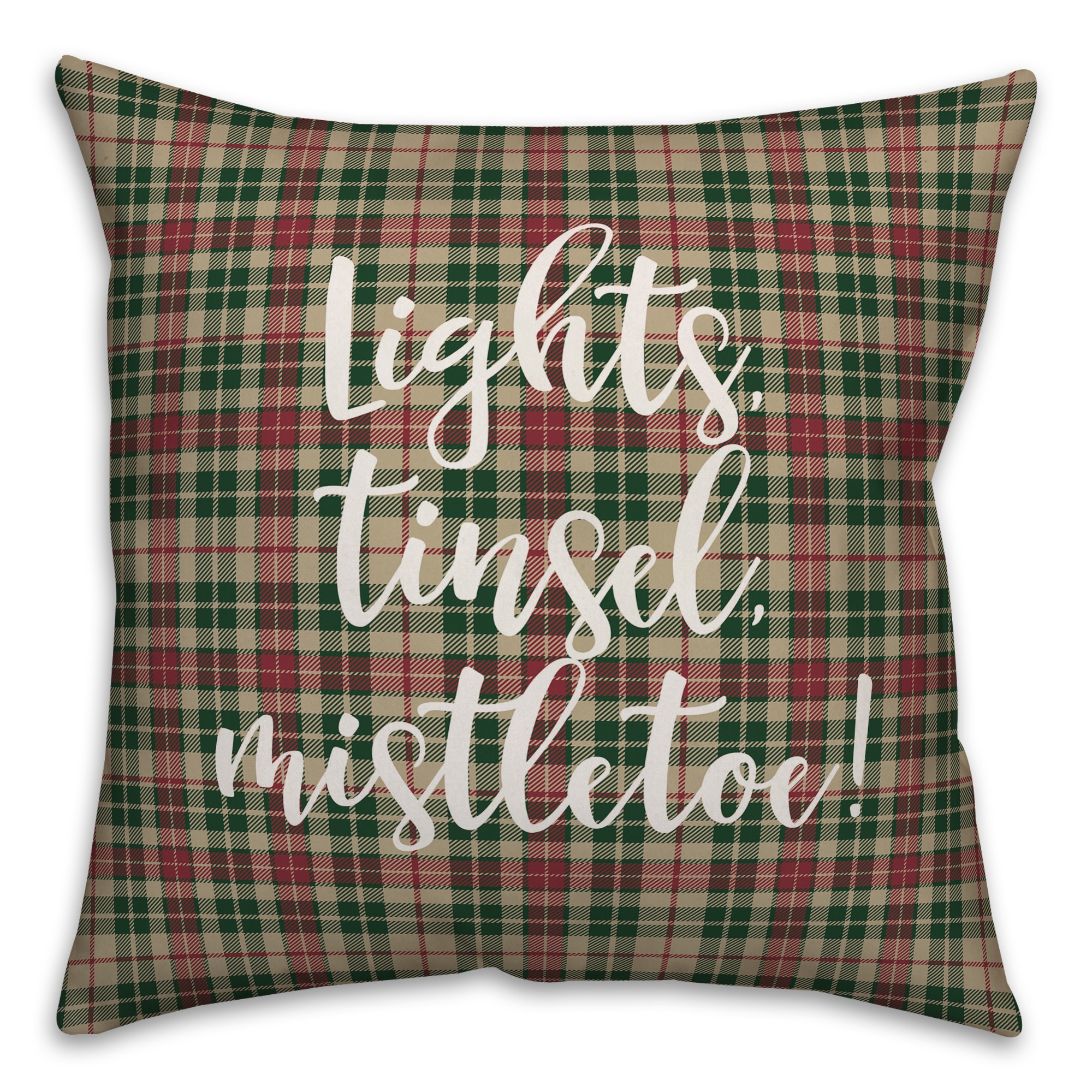 Lights, Tinsel, Mistletoe in Tartan Plaid 18x18 Spun Poly Pillow