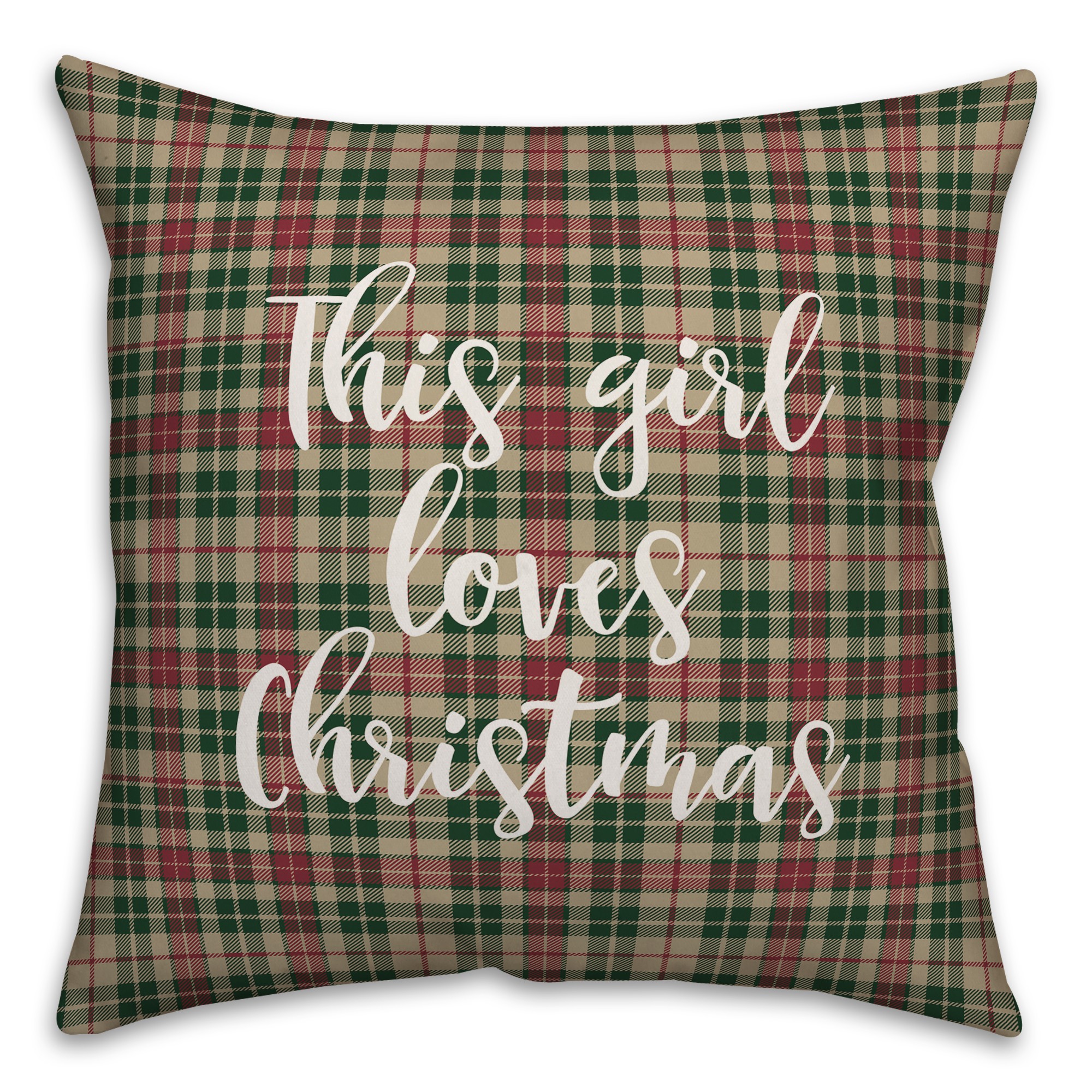 This Girl Loves Christmas in Tartan Plaid 18x18 Spun Poly Pillow