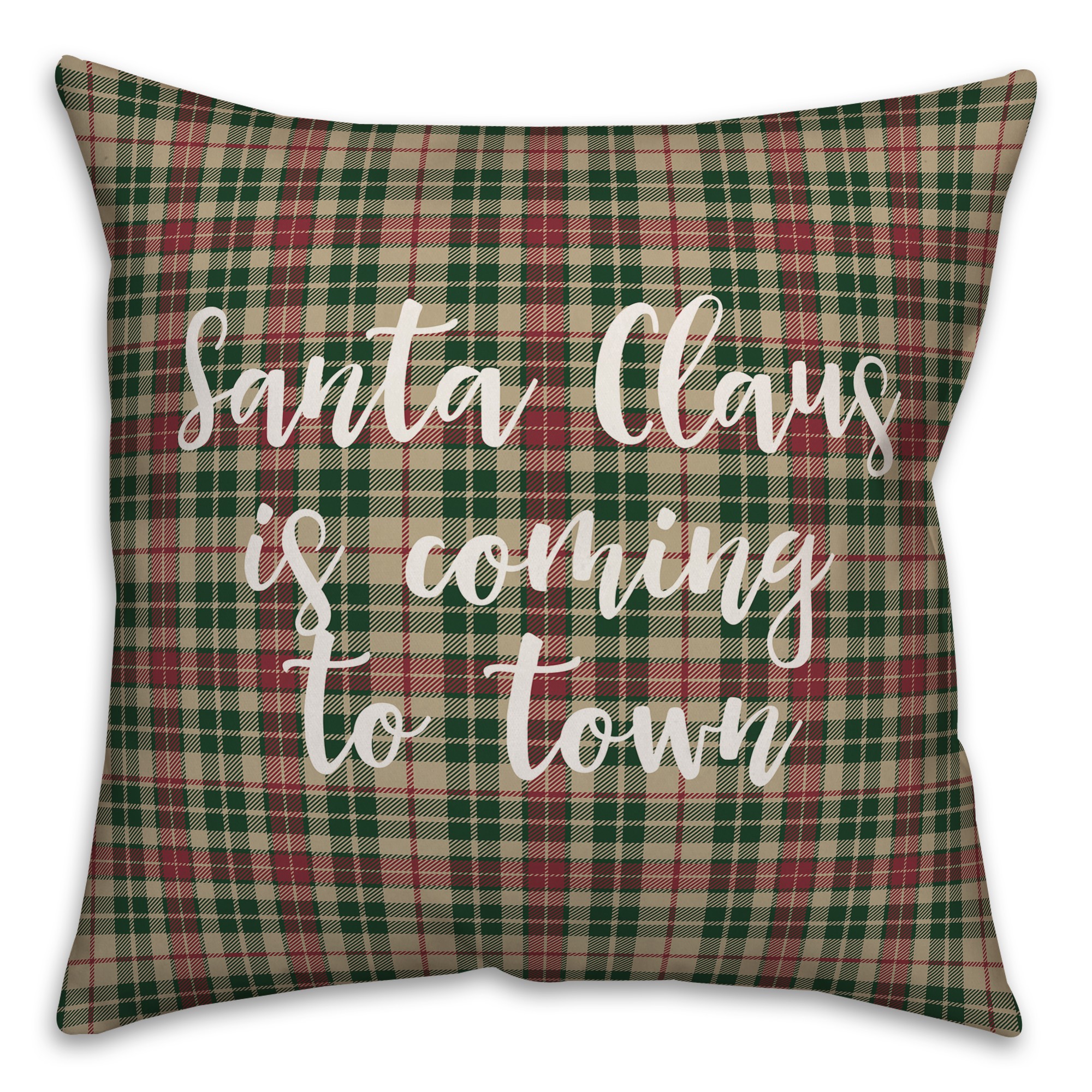 Santa Claus Is Coming To Town in Tartan Plaid 18x18 Spun Poly Pillow Cover