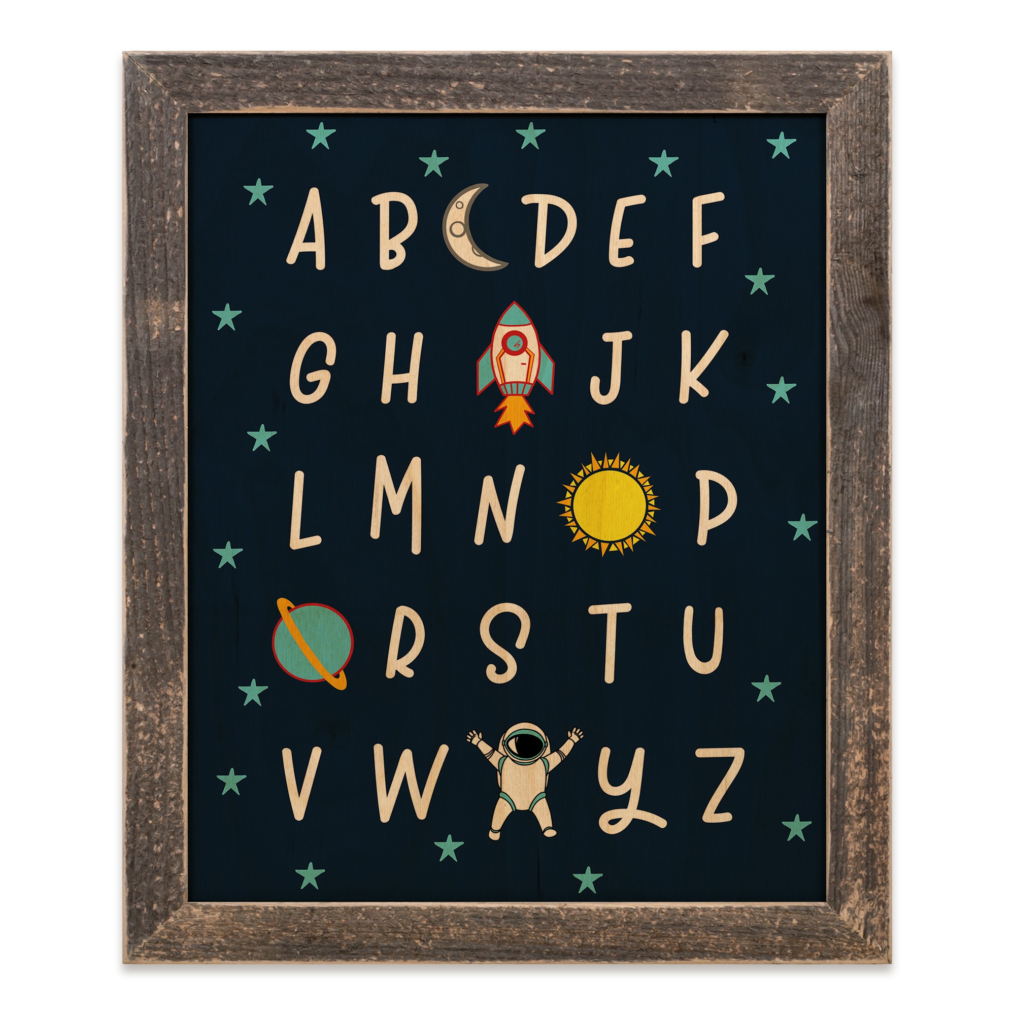 Space Alphabet 14x11 Framed Wood Print