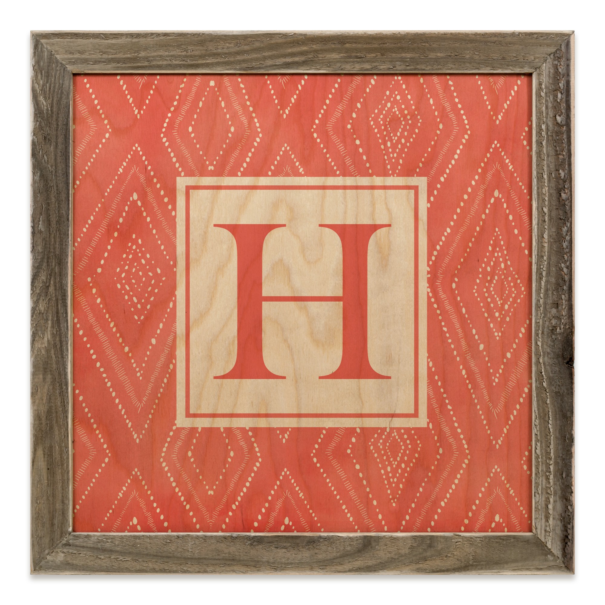 Coral Tribal Monogram 12x12 Personalized Framed Wood Print