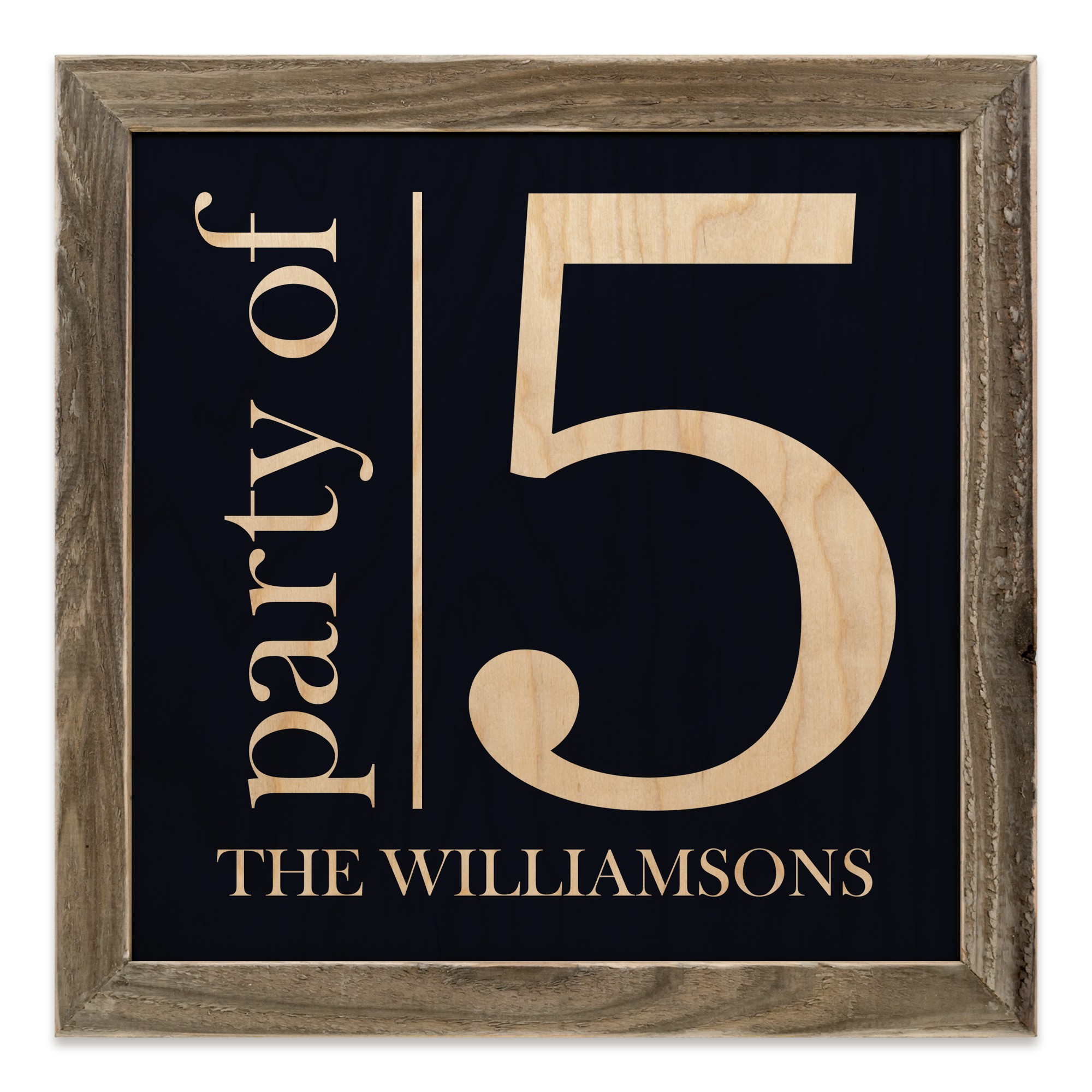 Party of 5 on Navy 12x12 Personalized Framed Wood Print