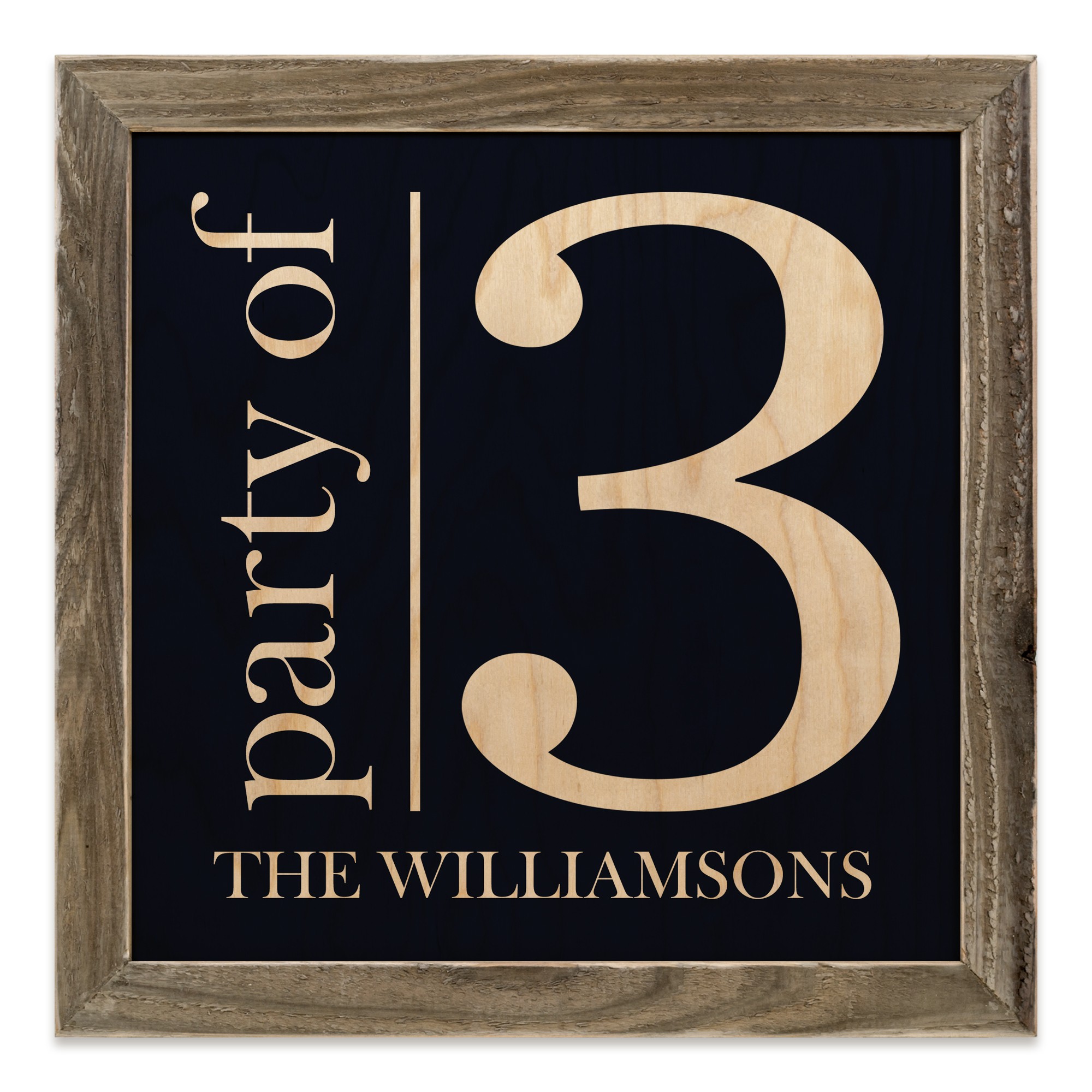 Party of 3 on Navy 12x12 Personalized Framed Wood Print