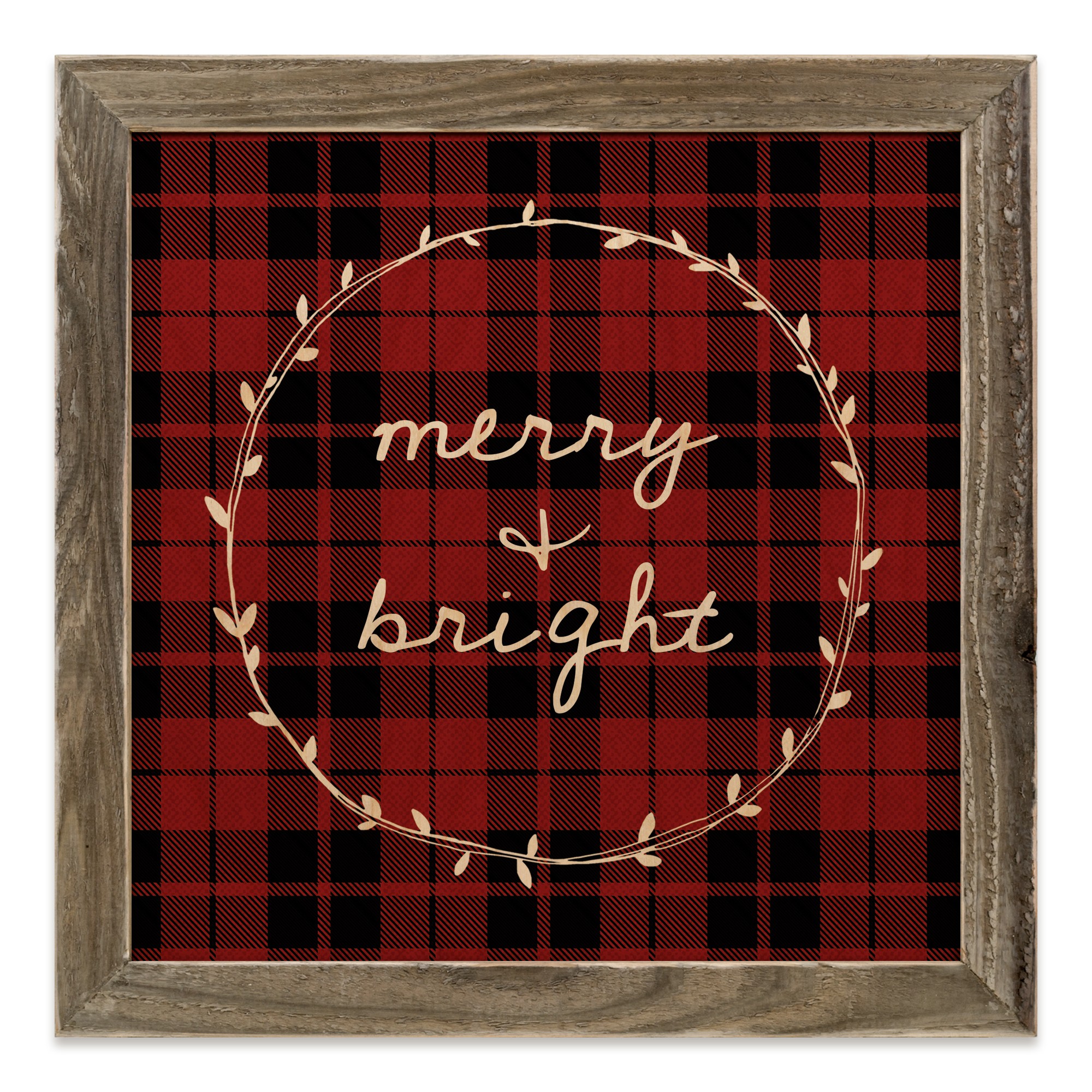 Merry and Bright Script Plaid 12x12 Framed Wood Print