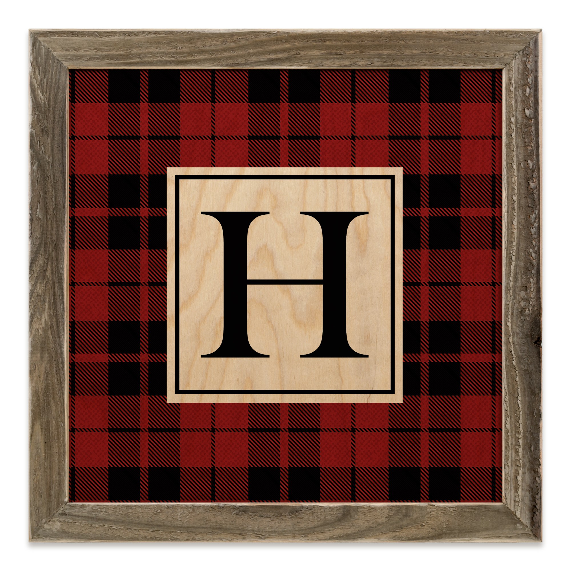 Red Plaid Monogram 12x12 Personalized Framed Wood Print