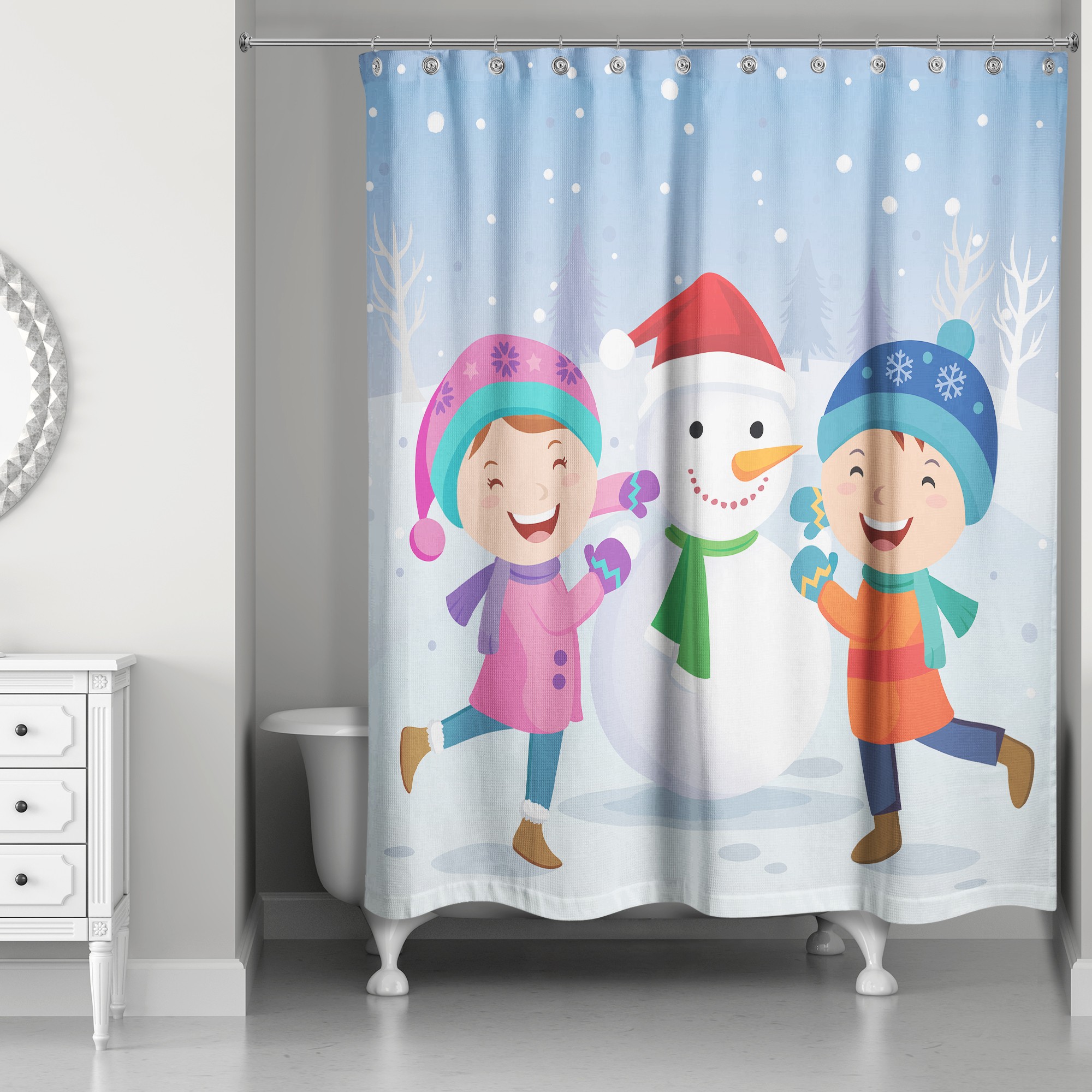 Children Snowman Scene 71x74 Shower Curtain