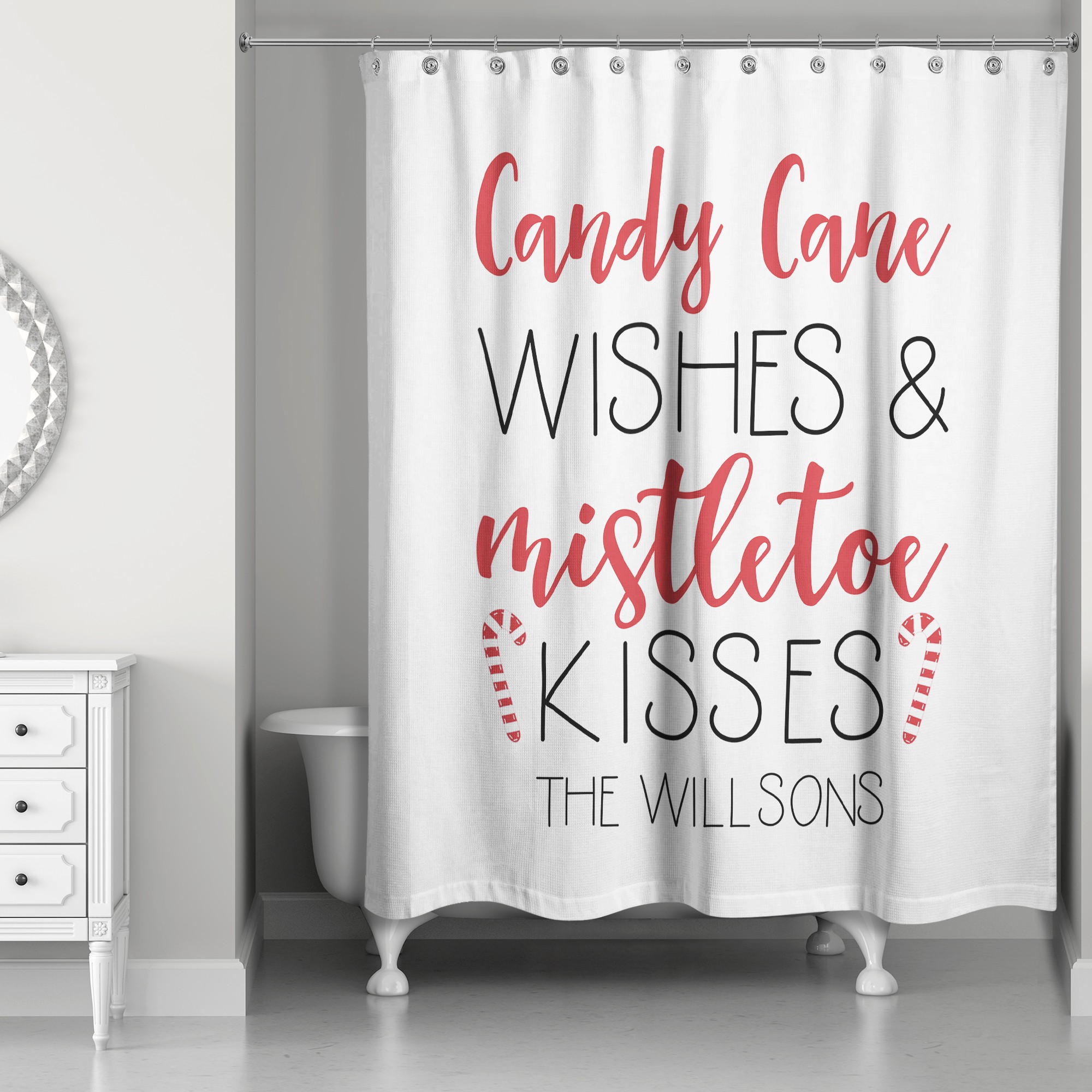Candy Canes Wishes and Mistletoe Kisses 71x74 Personalized Shower Curtain