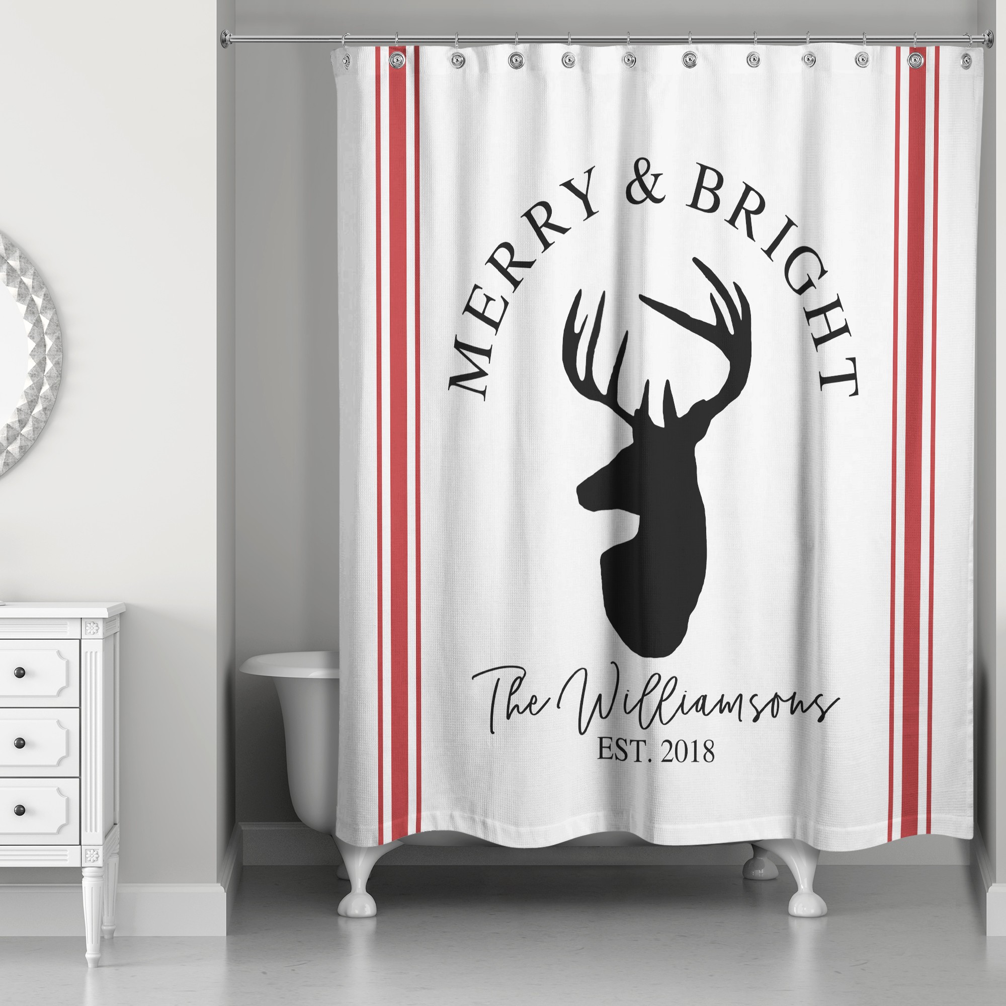 Merry and Bright Reindeer 71x74 Personalized Shower Curtain