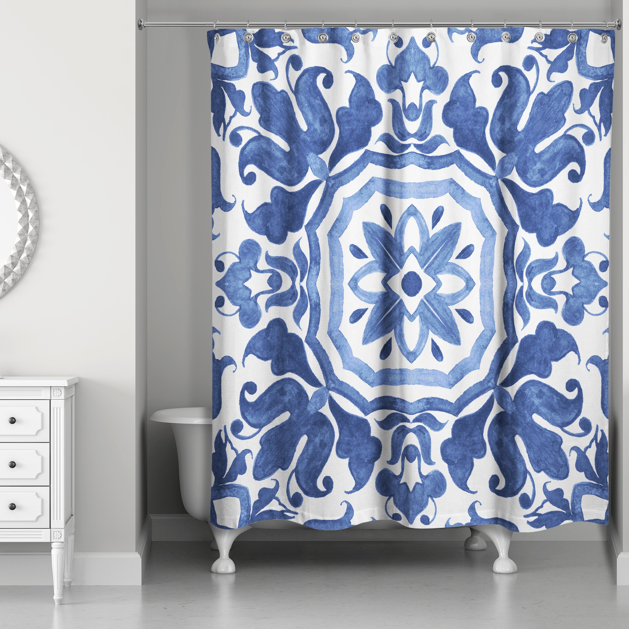 Blue Damask Tile 71x74 Shower Curtain