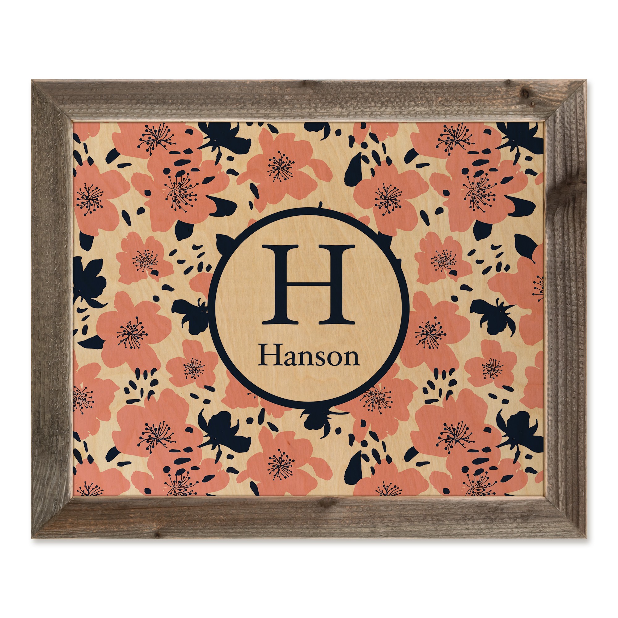 Pink and Navy Florals Monogram 20x16 Personalized Framed Wood Print