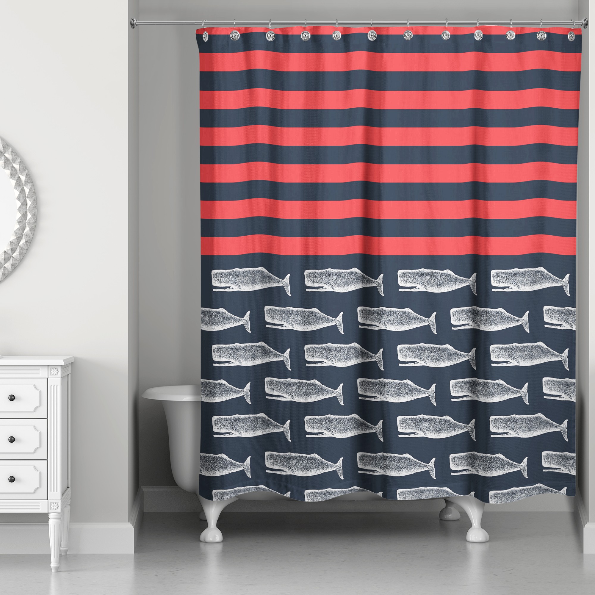 Whales and Stripes 71x74 Shower Curtain