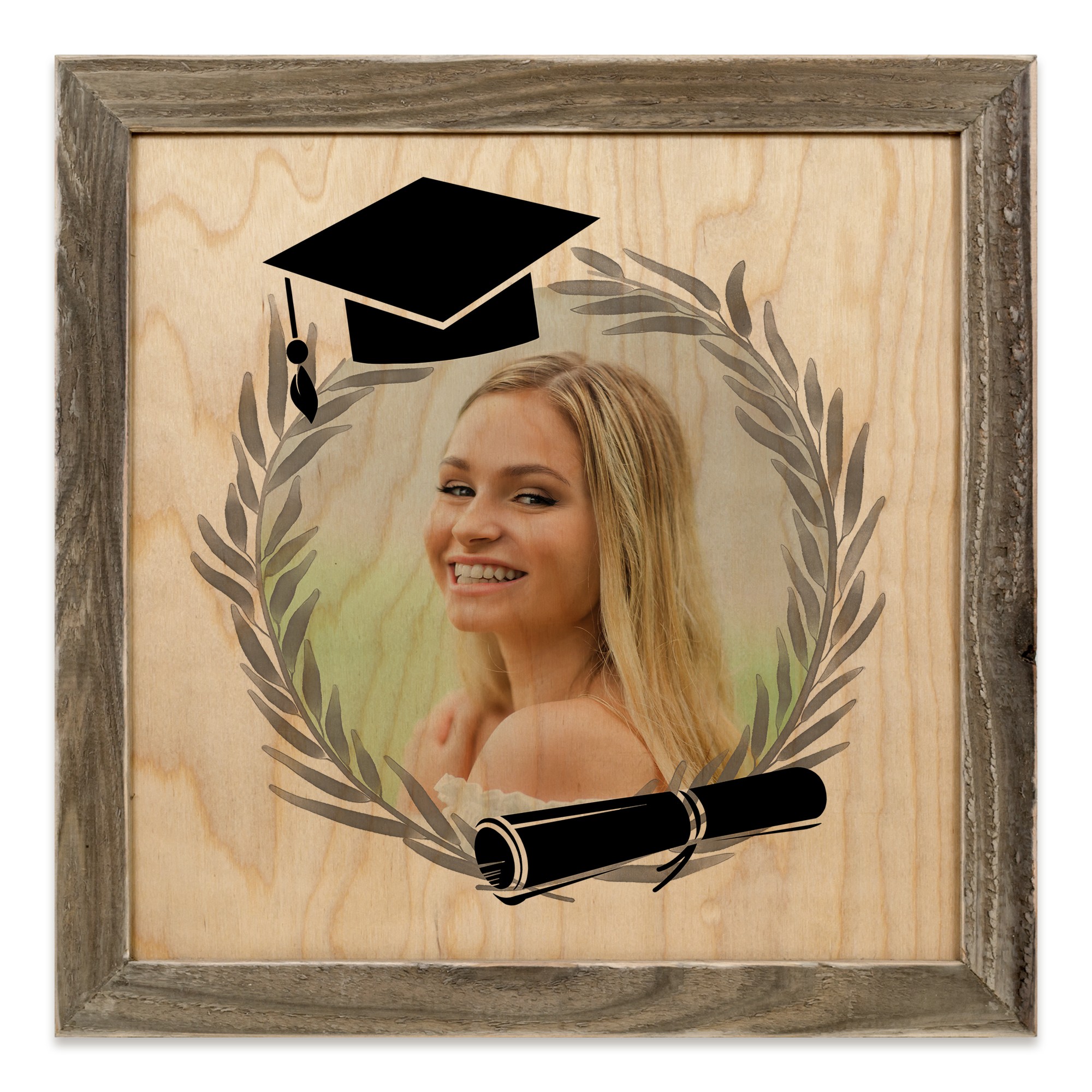 Gray Graduation Laurel Wreath 12x12 Personalized Framed Wood Print