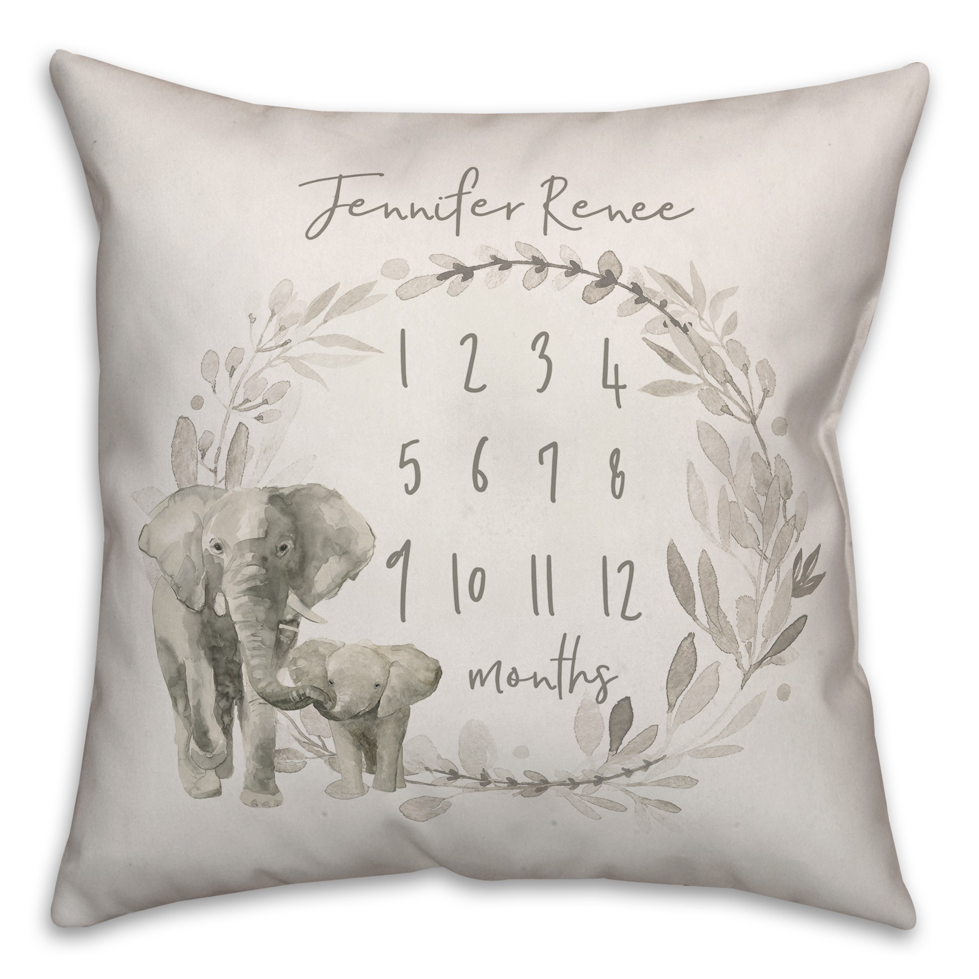 Watercolor Elephant Wreath 18x18 Personalized Spun Poly Pillow
