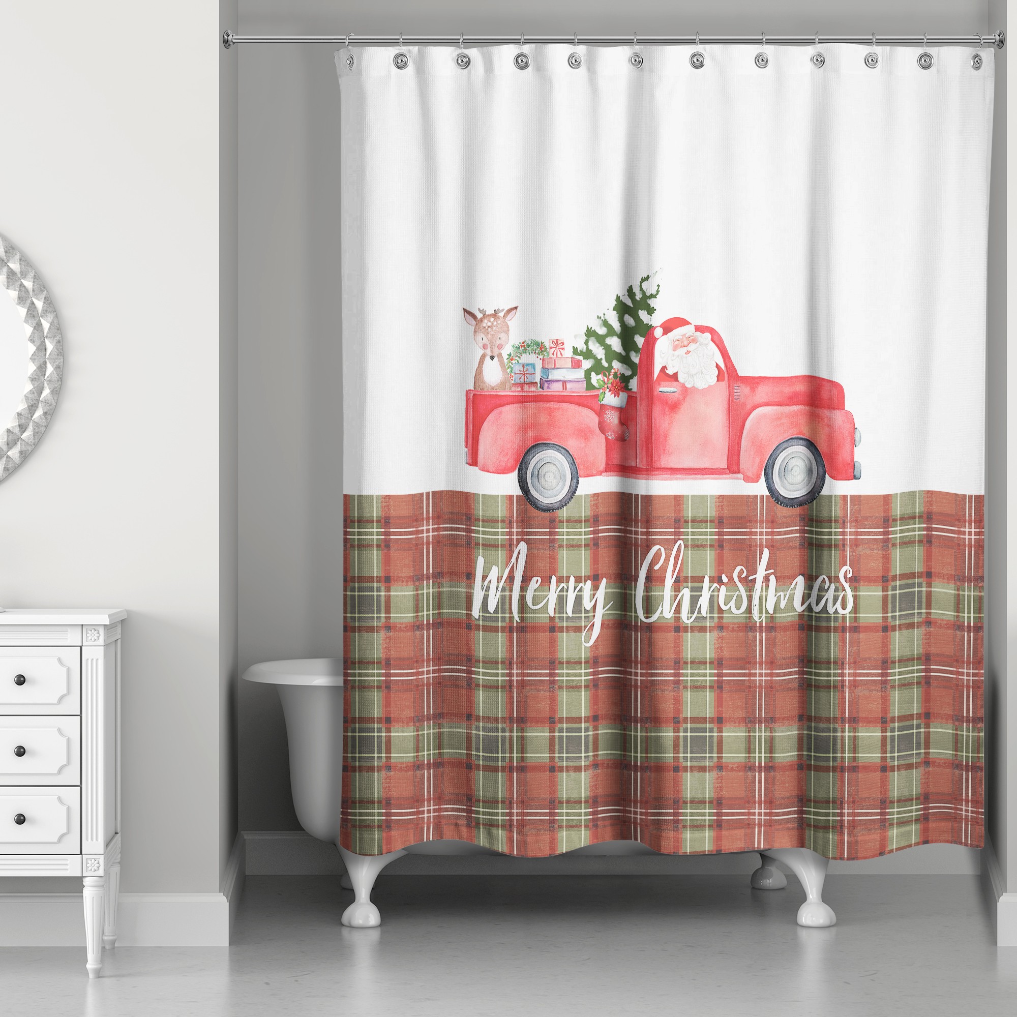 Plaid Christmas Truck 71x74 Shower Curtain