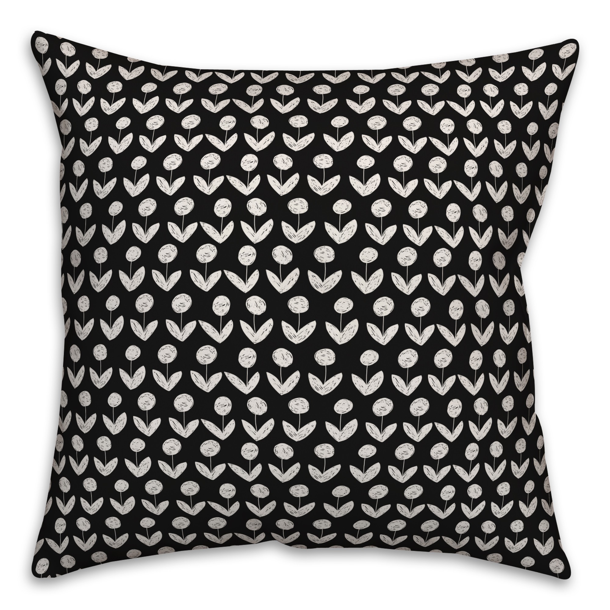 Drawn Flowers in Black Pillow