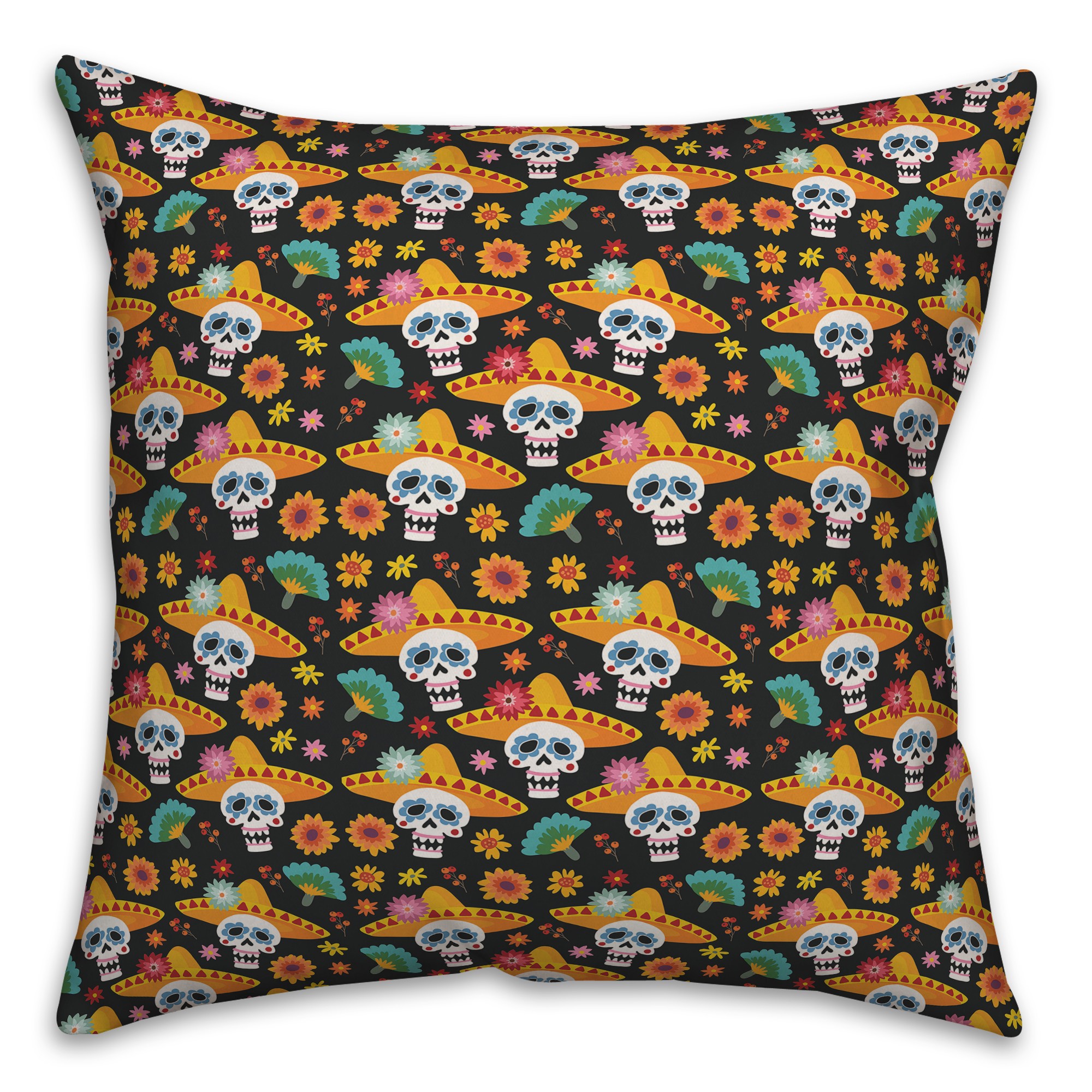 Festive Sombrero Skull Pattern 18x18 Spun Poly Pillow