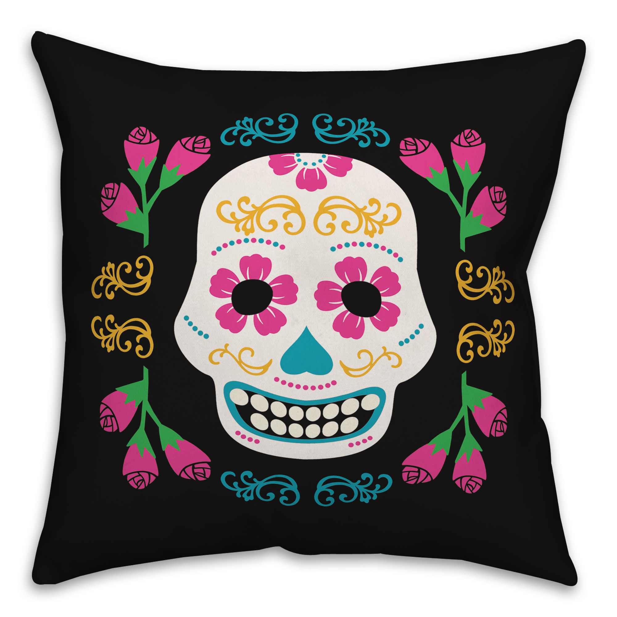 Graphic Sugar Skull with Wreath 18x18 Spun Poly Pillow