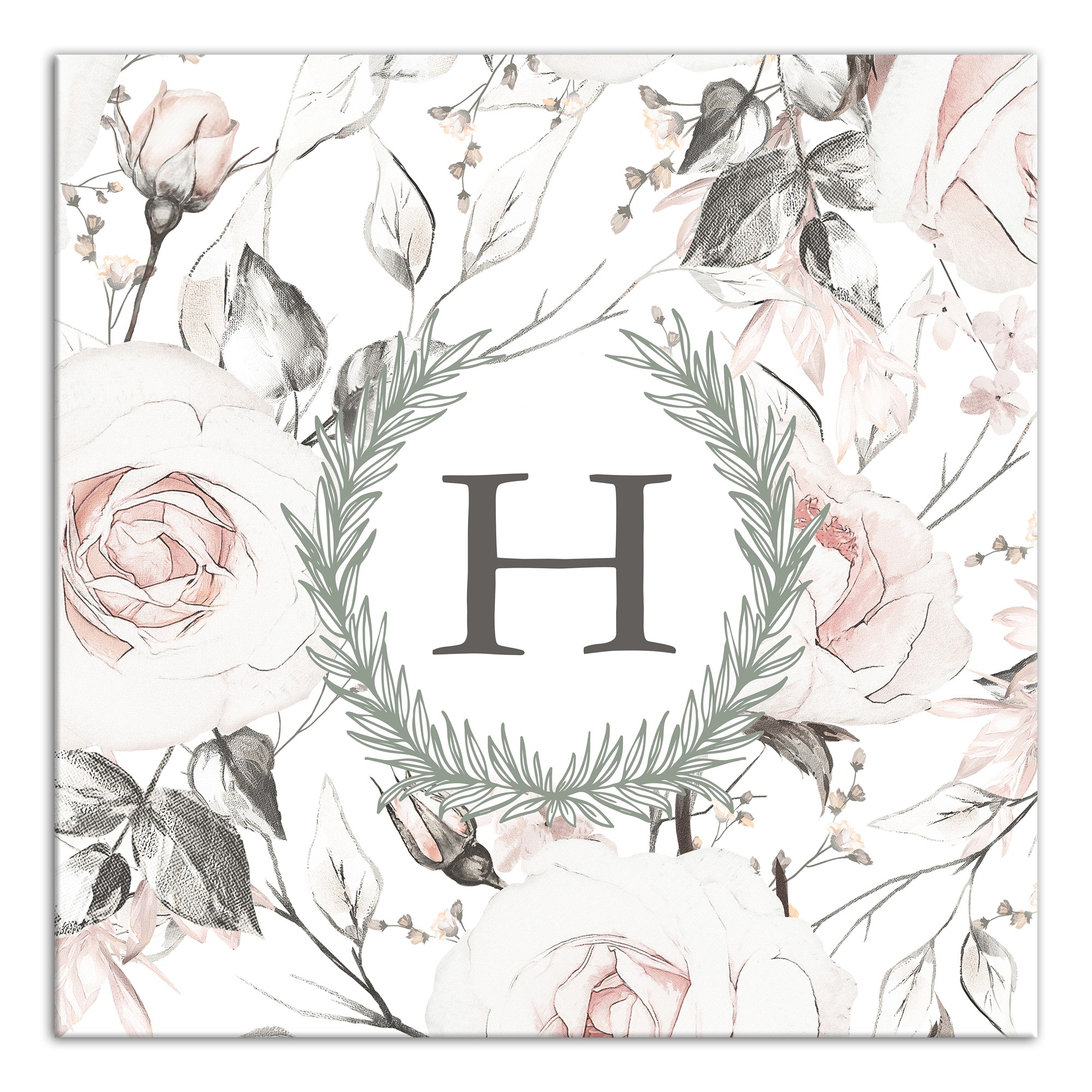 Blush Rose Monogram Wreath 20x20 Personalized Canvas Wall Art