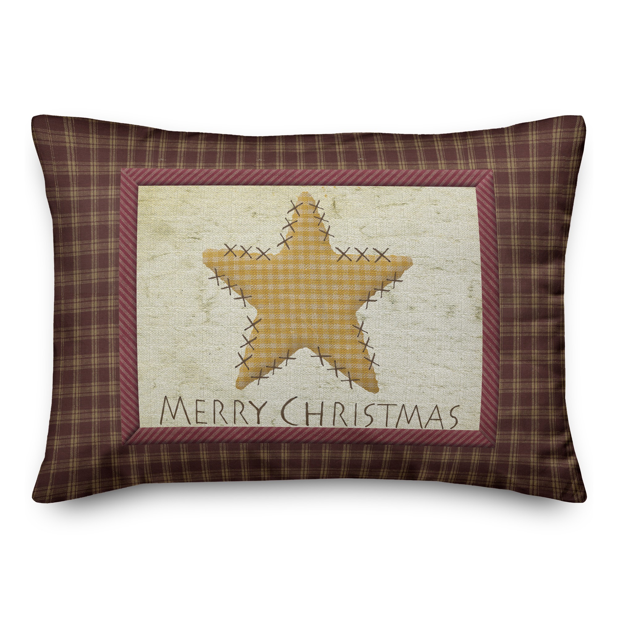 Merry Christmas Traditional Star Plaid Pillow