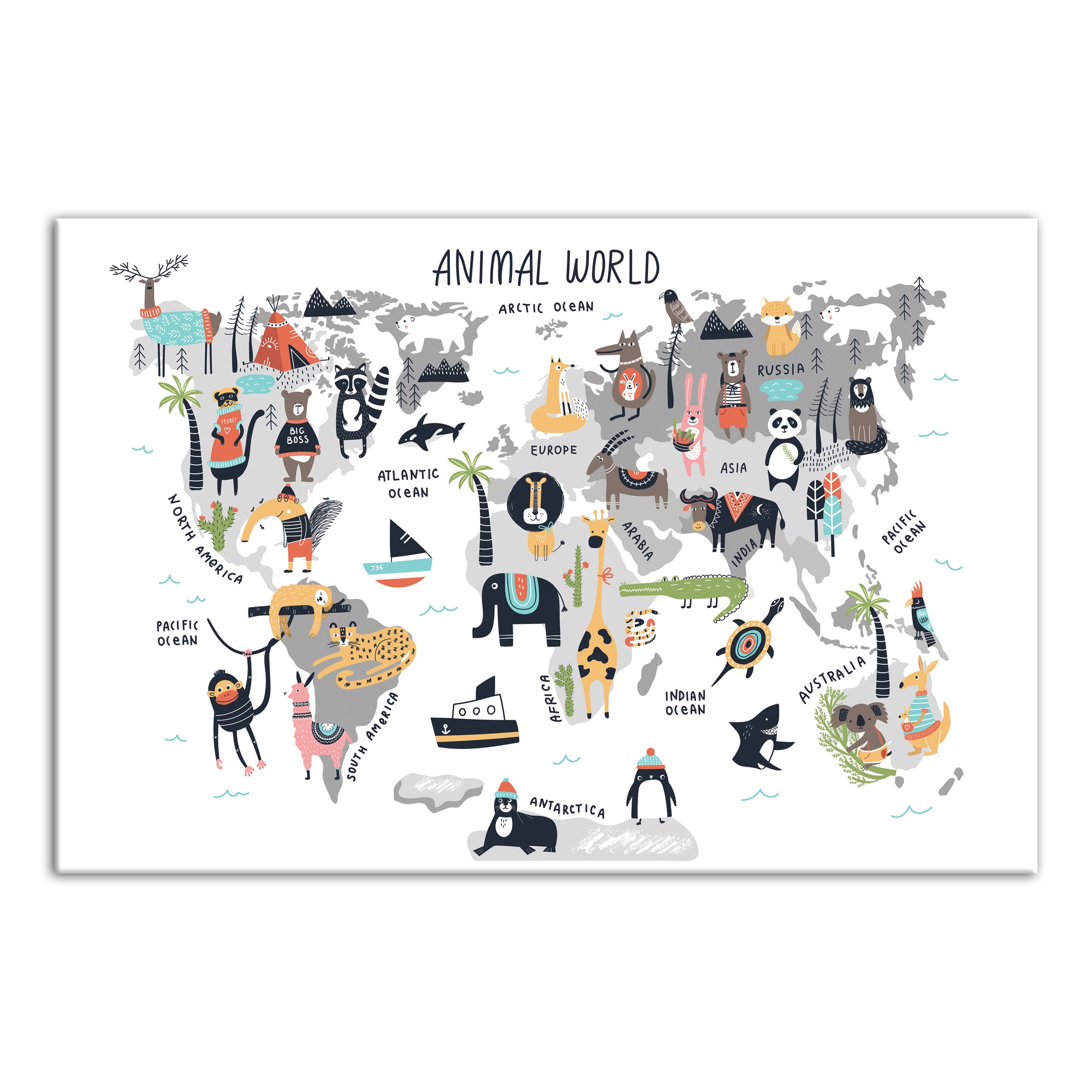 Animal World Map 24x36 Canvas Wall Art