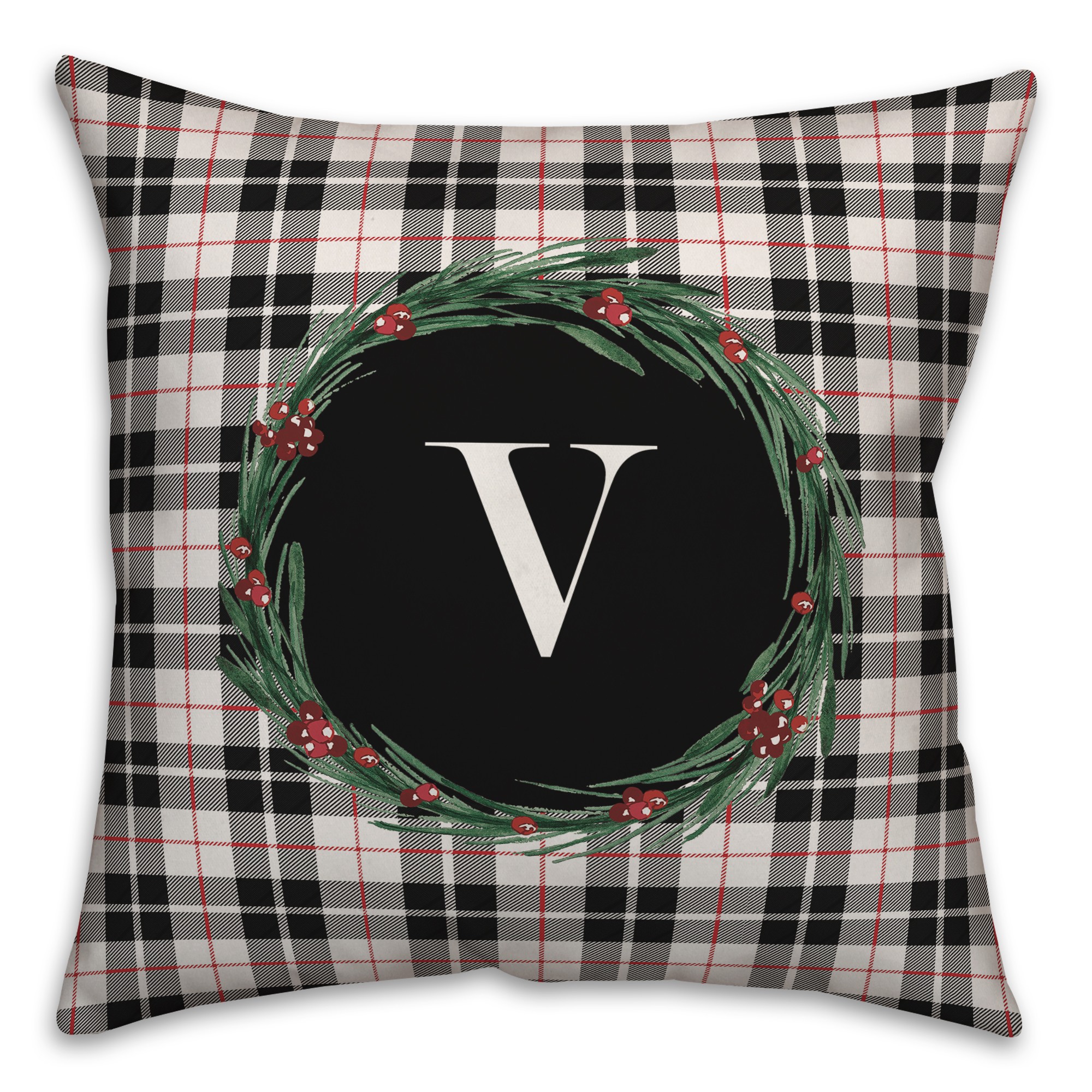 Black Plaid Monogram Wreath - V 18x18 Spun Poly Pillow