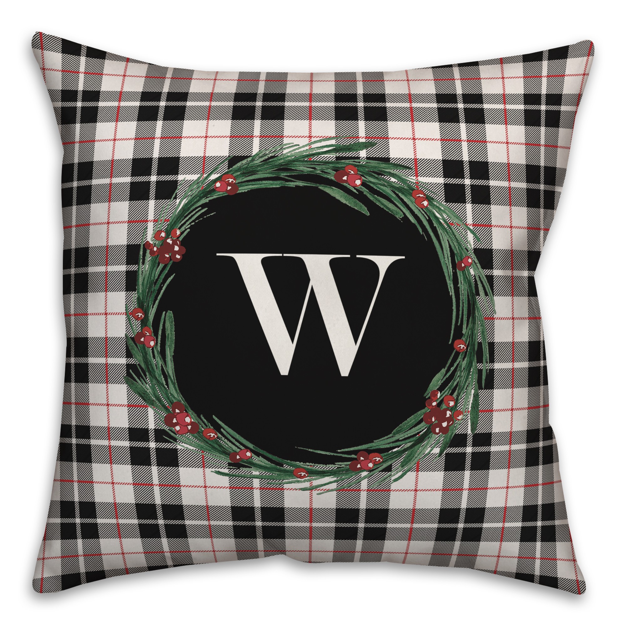 Black Plaid Monogram Wreath - W 18x18 Spun Poly Pillow