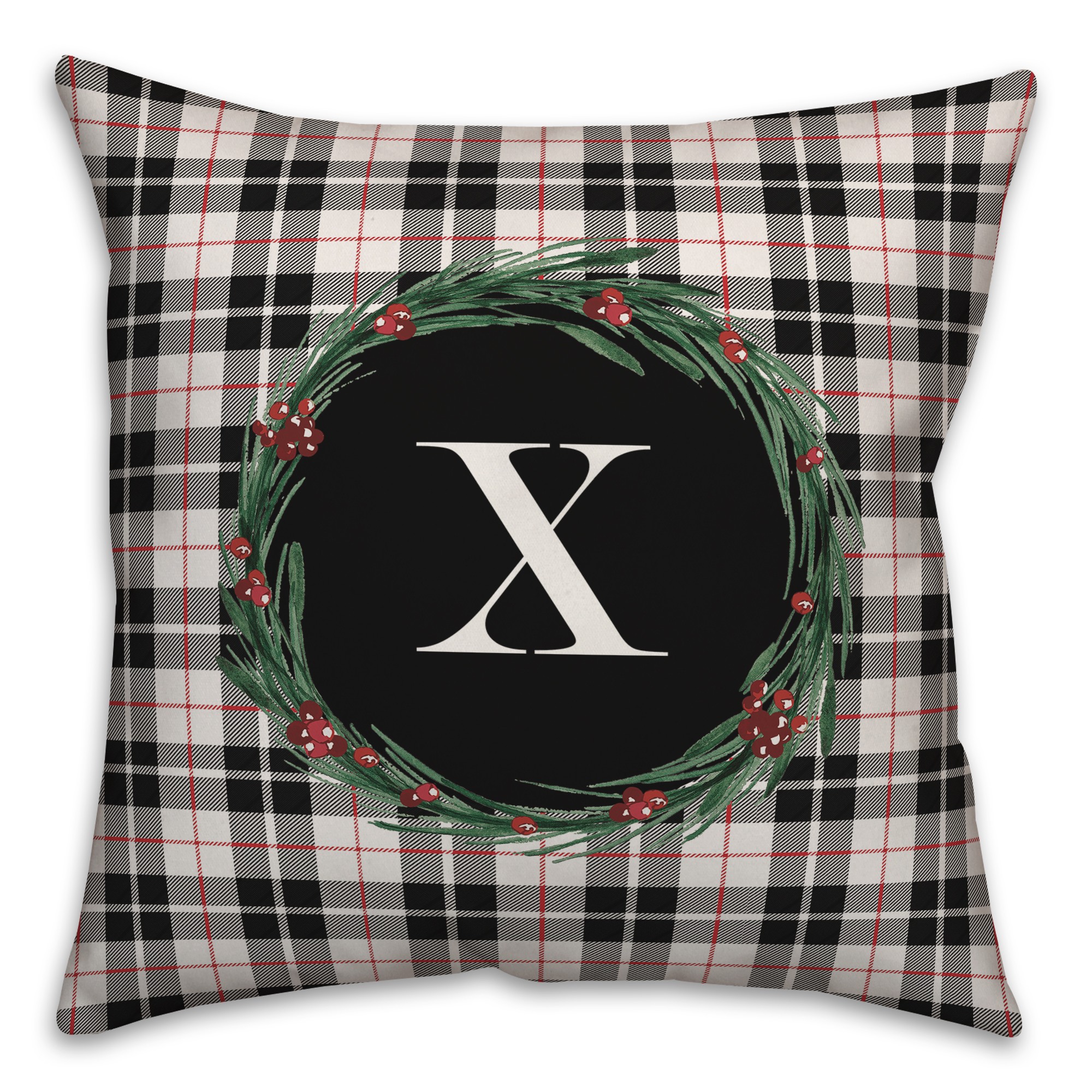 Black Plaid Monogram Wreath - X 18x18 Spun Poly Pillow