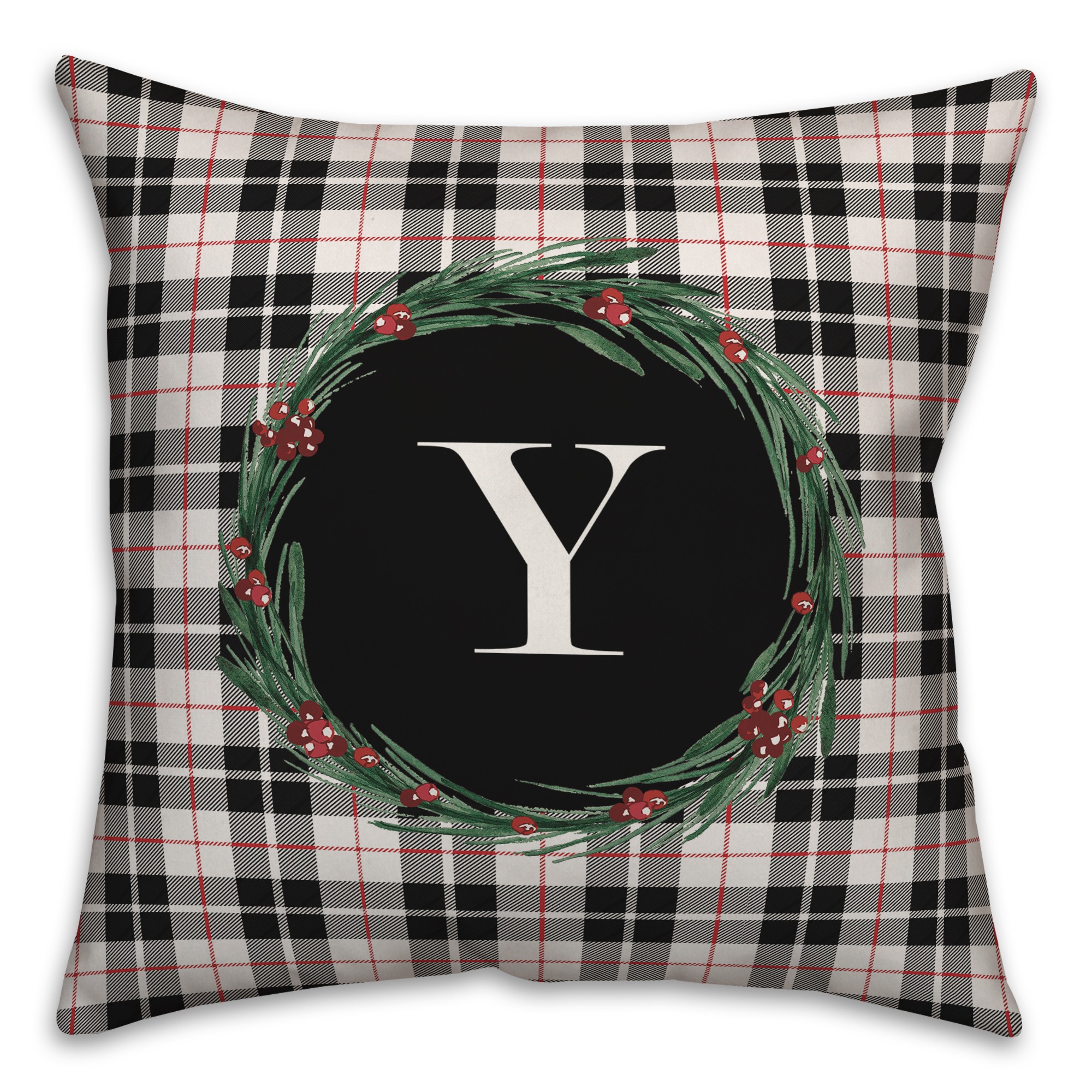 Black Plaid Monogram Wreath - Y 18x18 Spun Poly Pillow