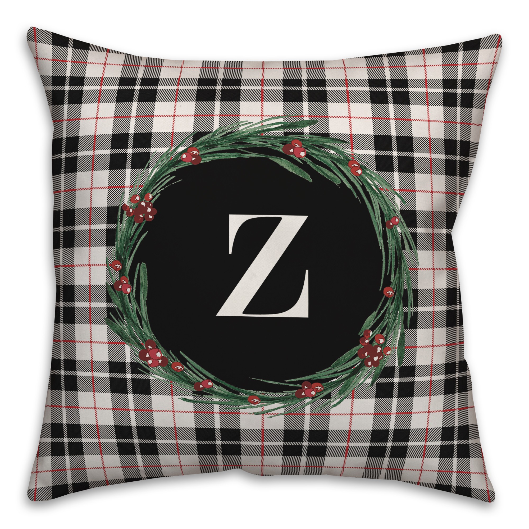 Black Plaid Monogram Wreath - Z 18x18 Spun Poly Pillow