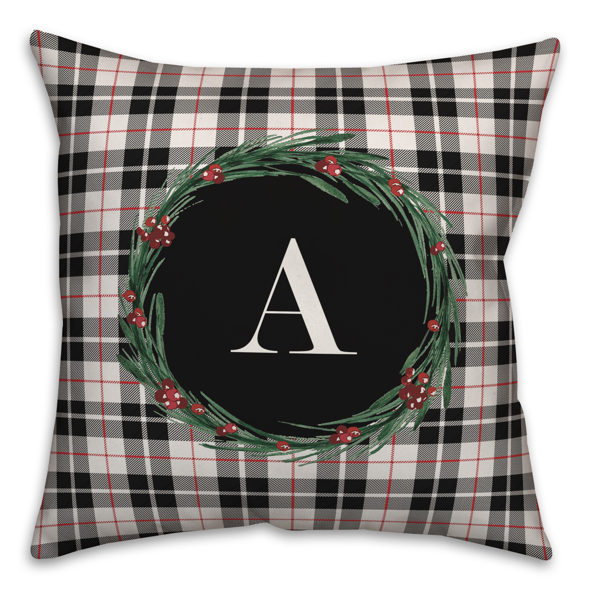 Black Plaid Monogram Wreath - A 18x18 Spun Poly Pillow