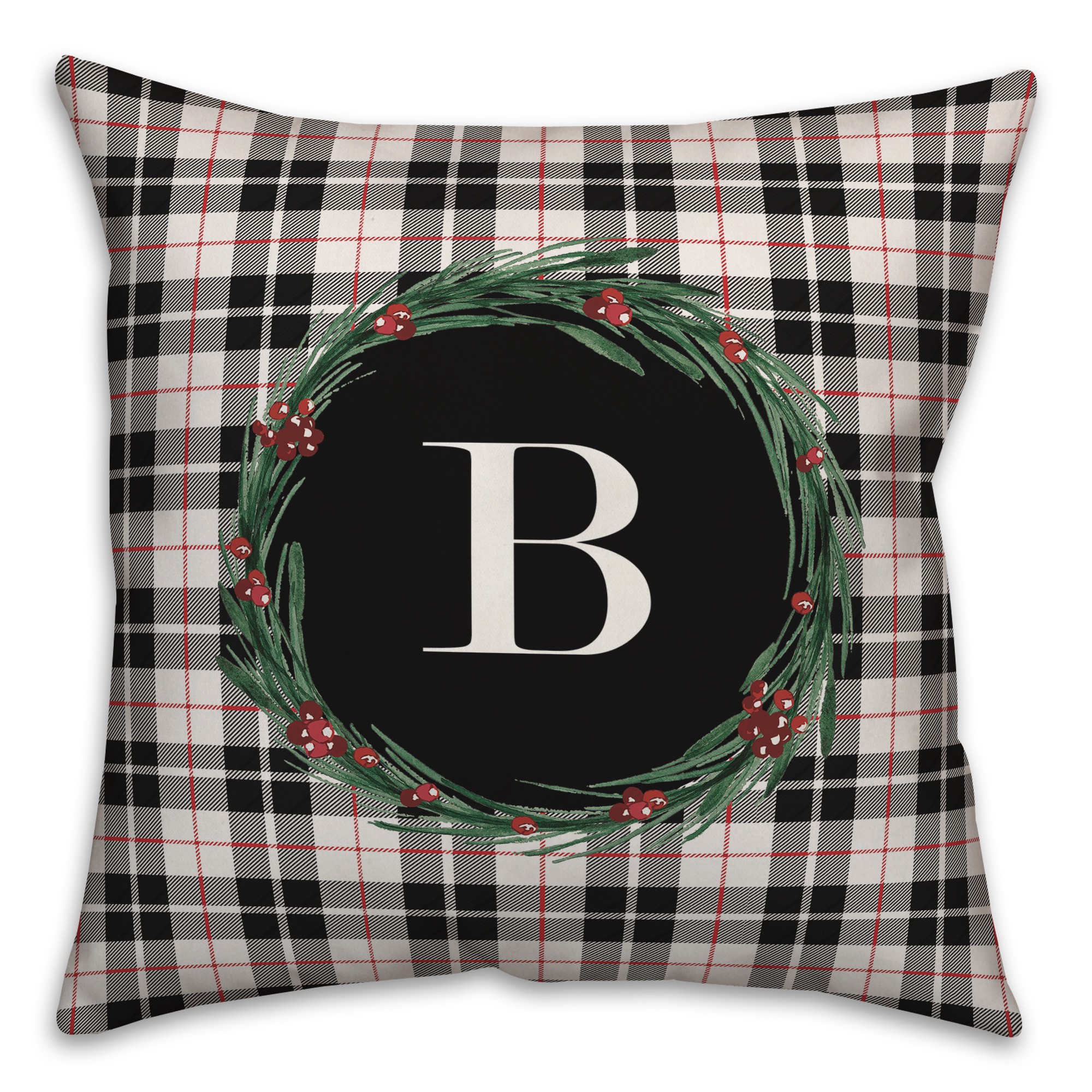 Black Plaid Monogram Wreath - B 18x18 Spun Poly Pillow