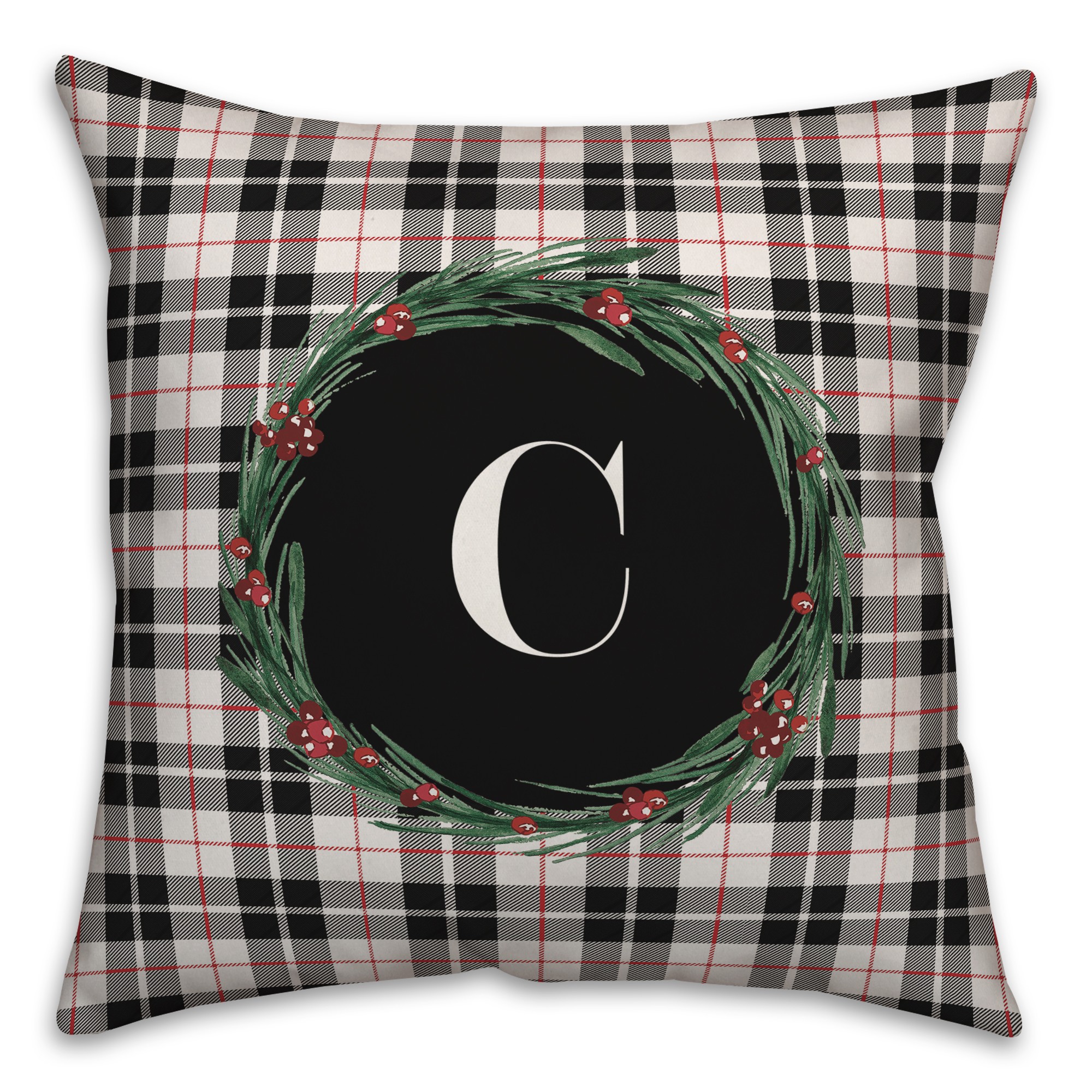 Black Plaid Monogram Wreath - C 18x18 Spun Poly Pillow
