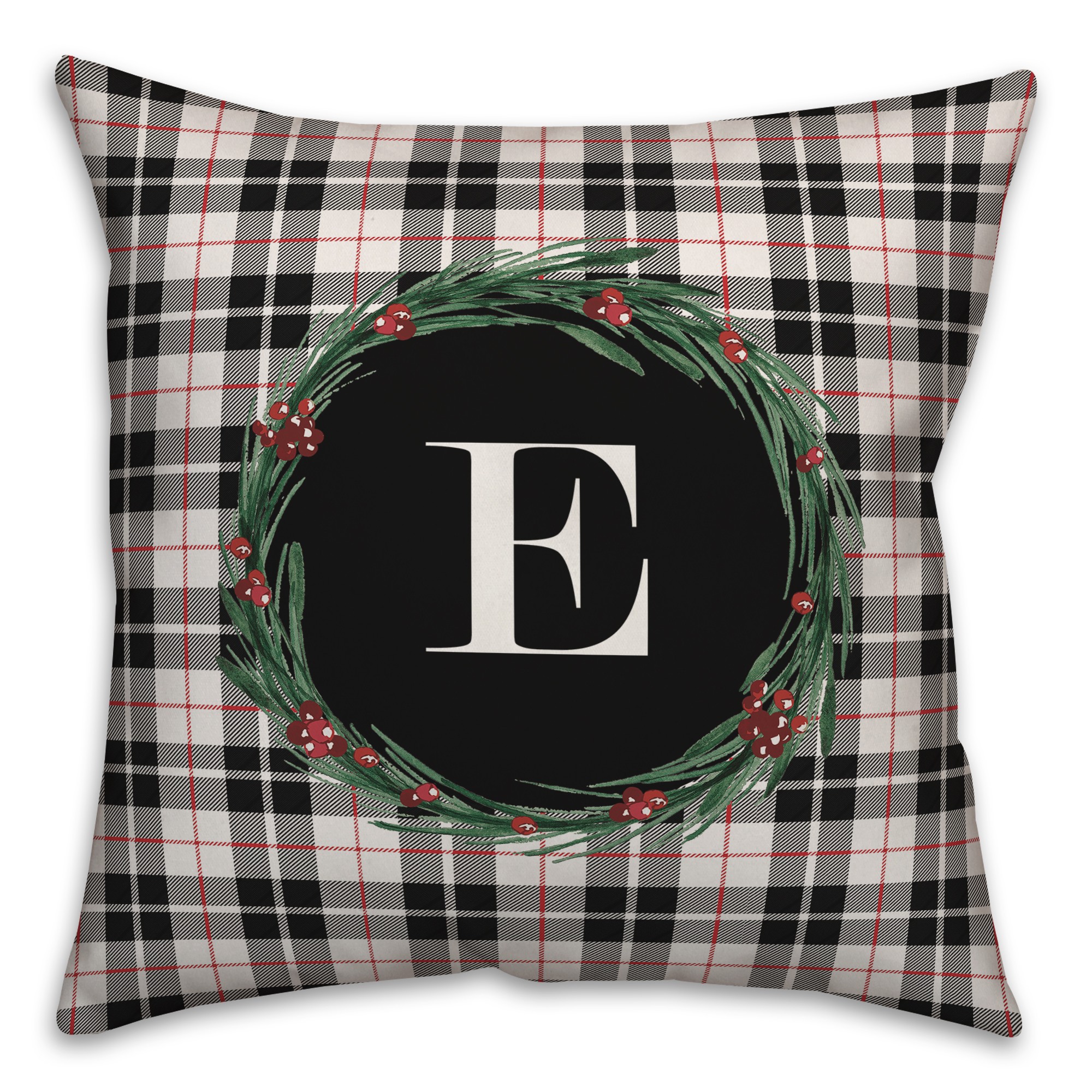 Black Plaid Monogram Wreath - E 18x18 Spun Poly Pillow